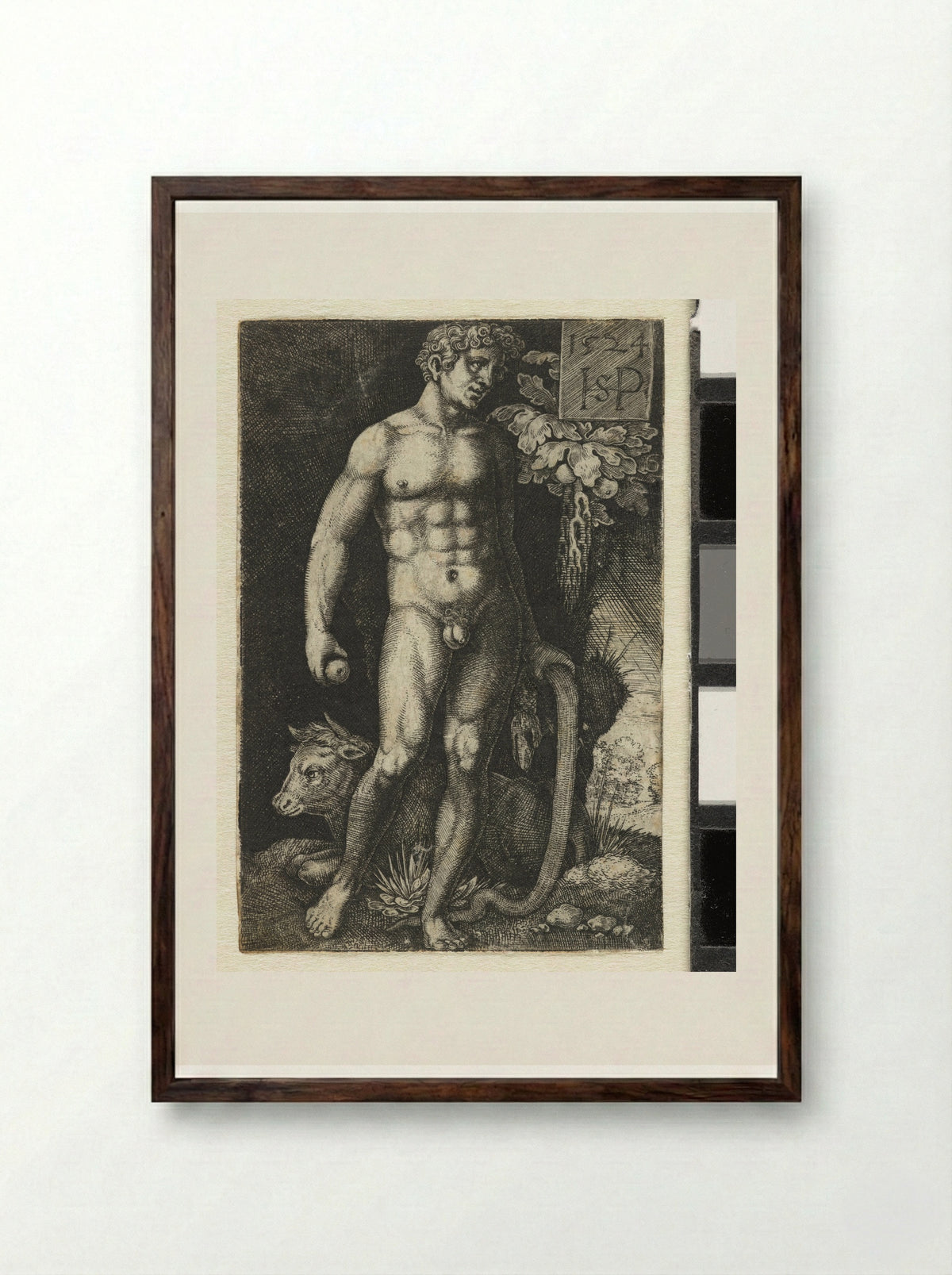 Adam with the Serpent and a Recumbent Bull - Hans Sebald Beham - Framed Print Dark Wood