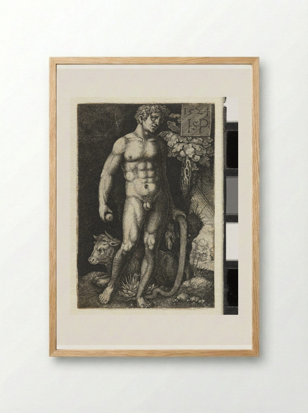 Adam with the Serpent and a Recumbent Bull - Hans Sebald Beham - Framed Print Wood
