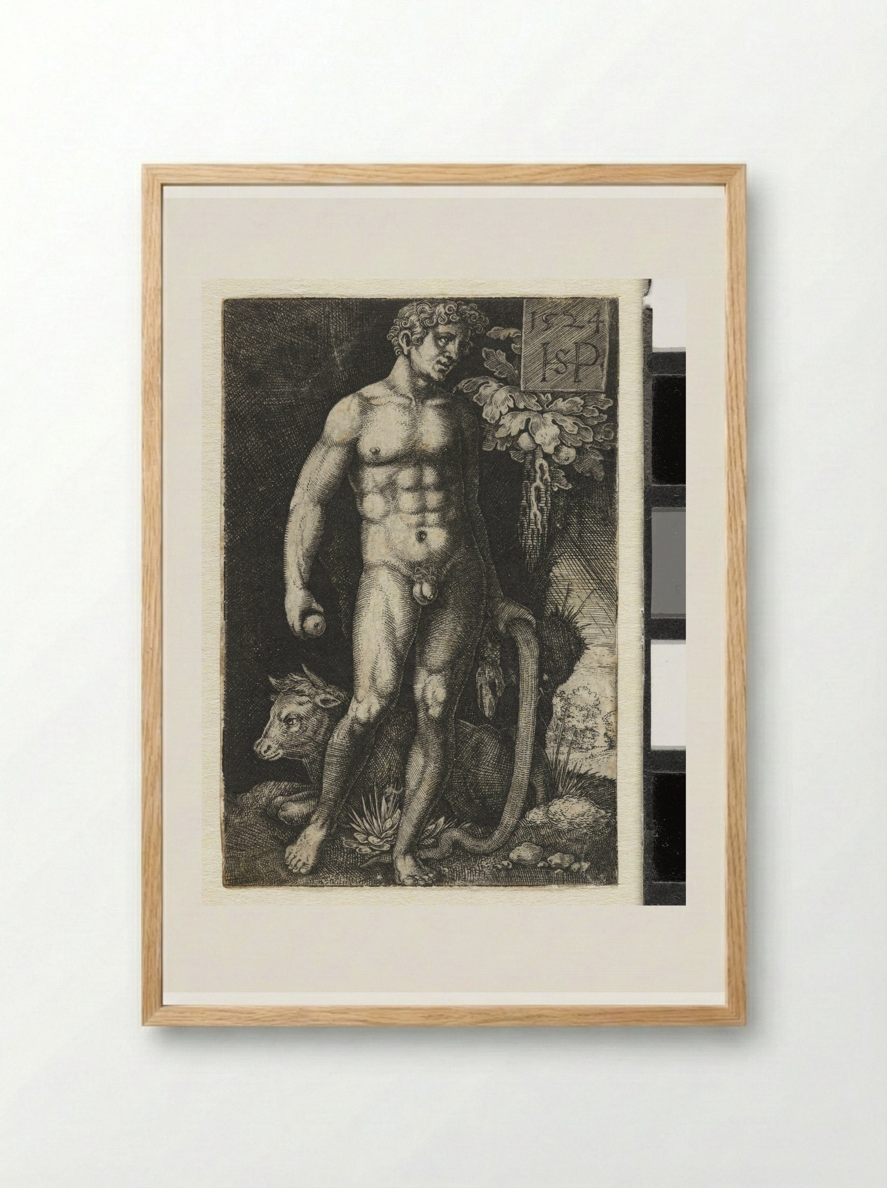Adam with the Serpent and a Recumbent Bull - Hans Sebald Beham - Framed Print Wood