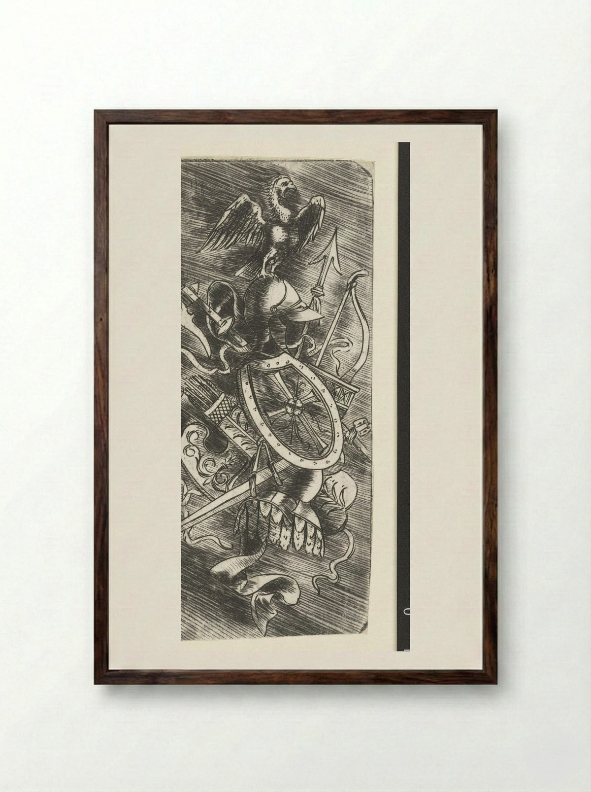 Adelaar bovenop wapentrofeeën waaronder verschillende wapens - Meester van 1515 - Framed Print Dark Wood