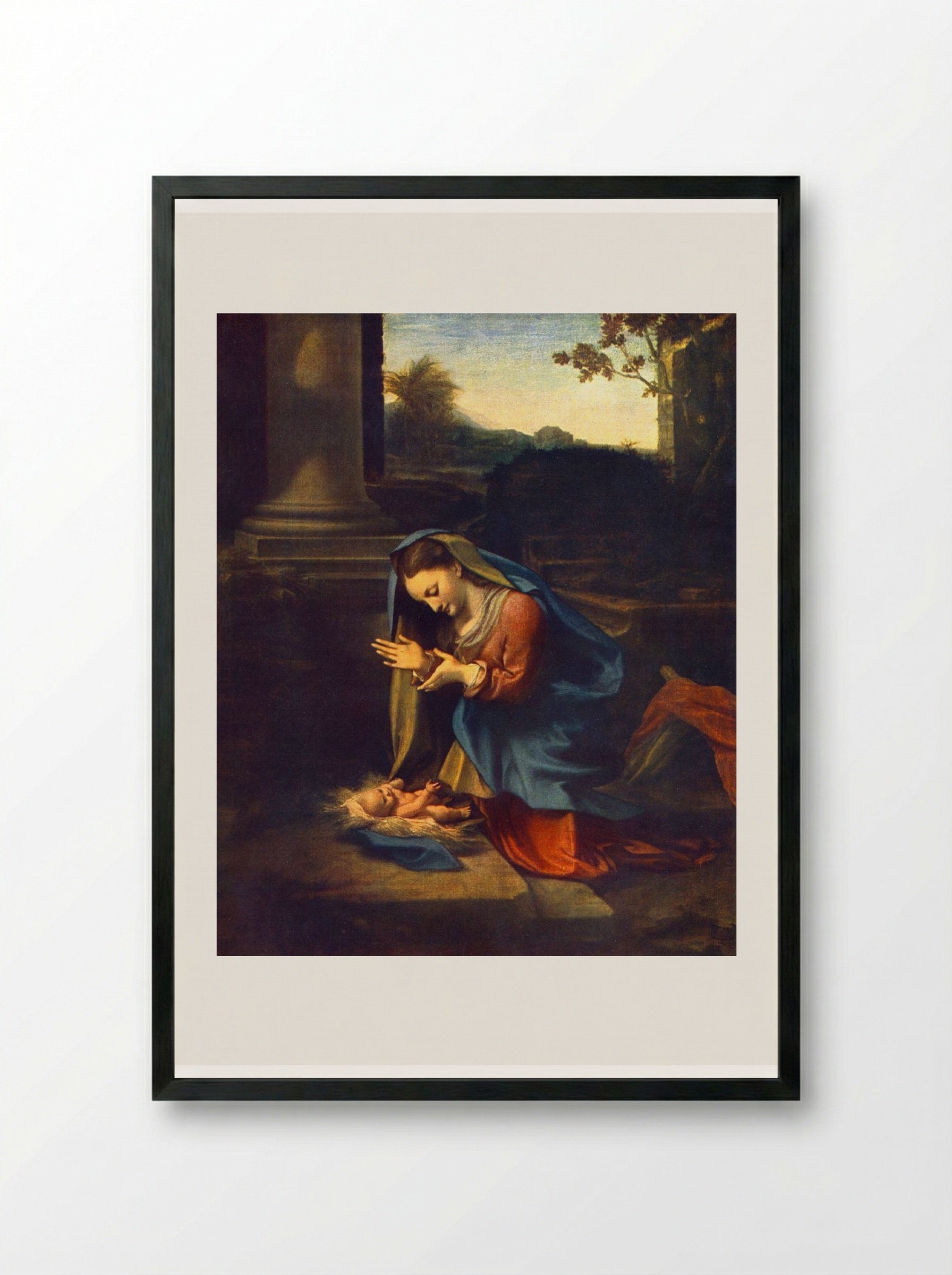 Adoration of the Child - Correggio - Framed Print Black