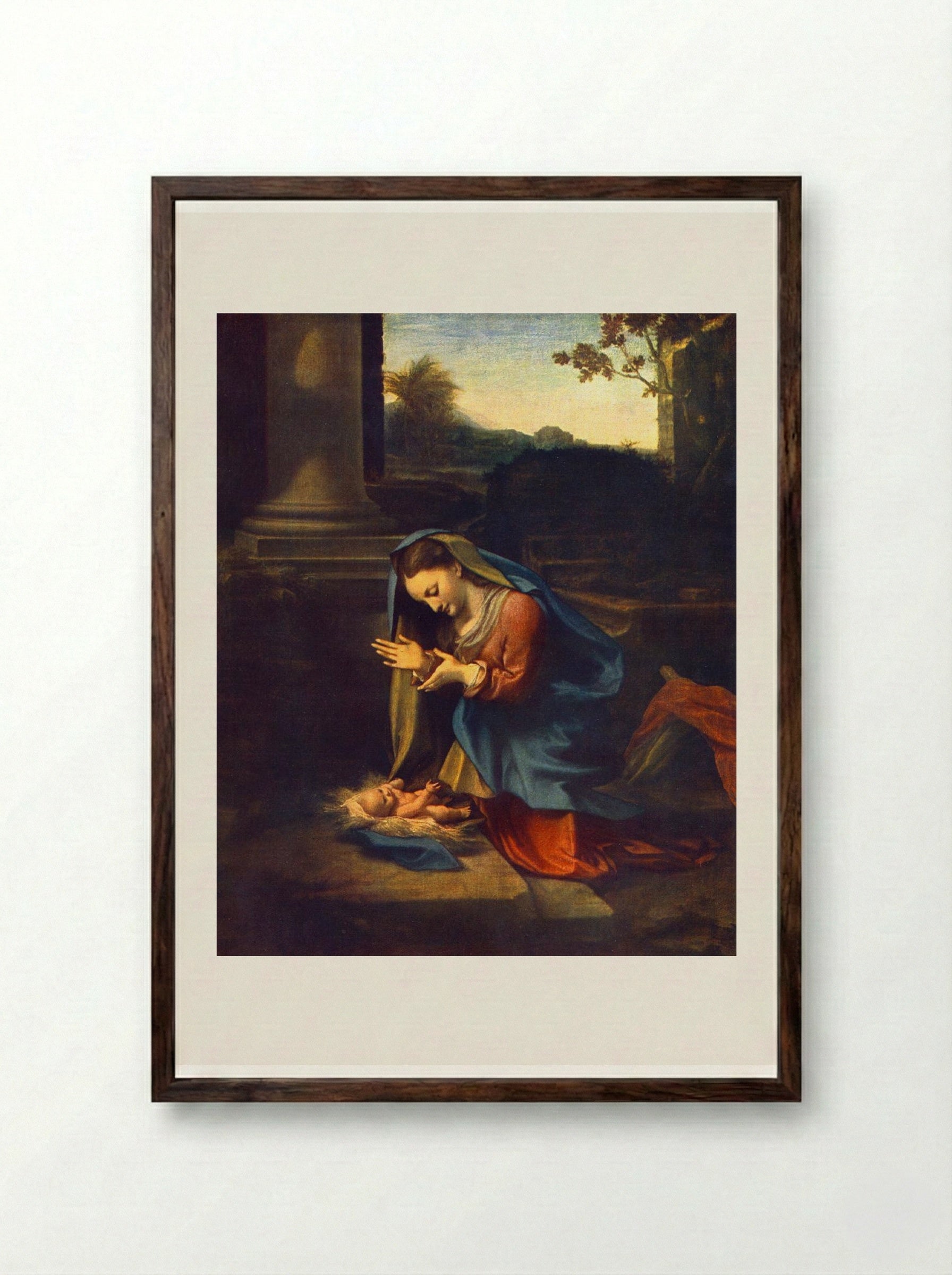 Adoration of the Child - Correggio - Framed Print Dark Wood