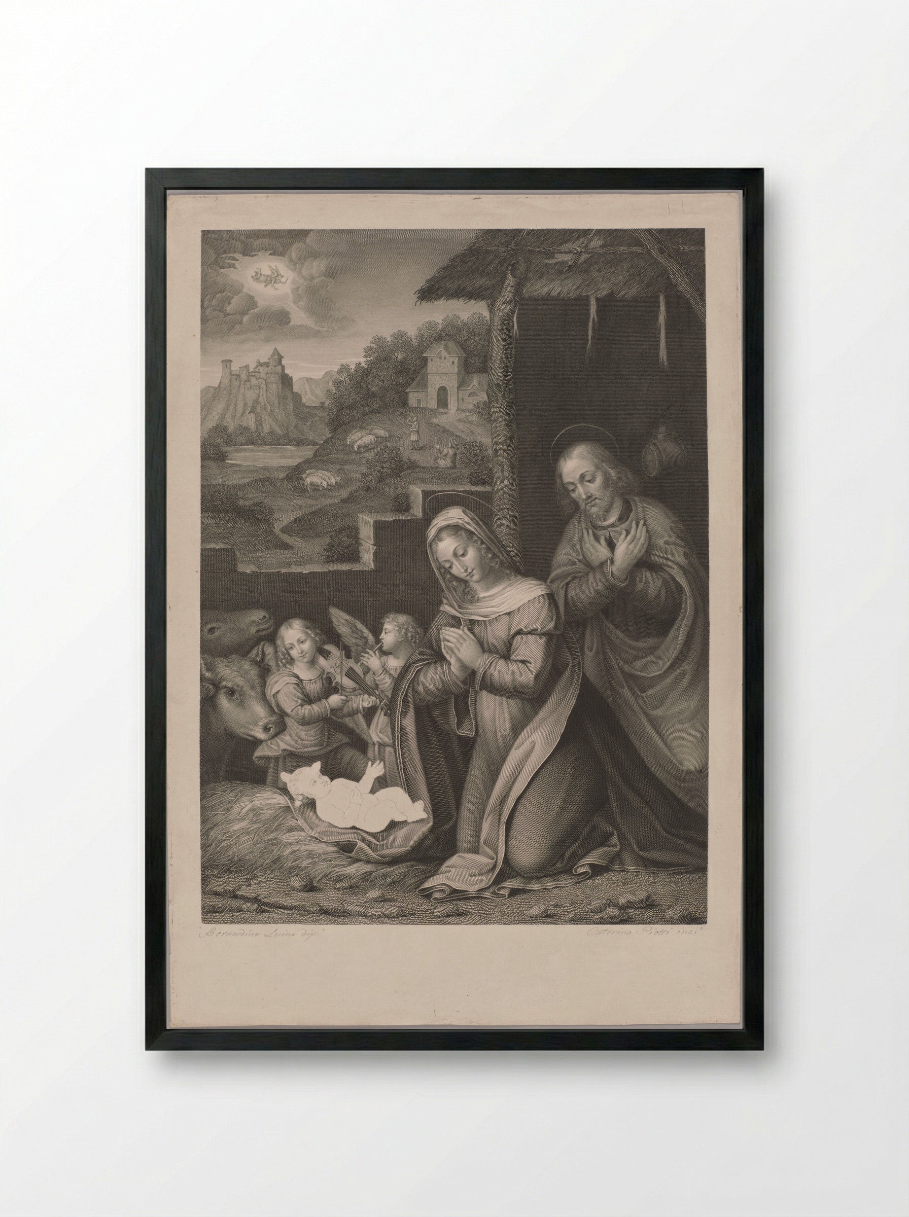 Adoration of the Infant Christ by Mary and Joseph - Caterina Piotti-Pirola - Framed Print Black