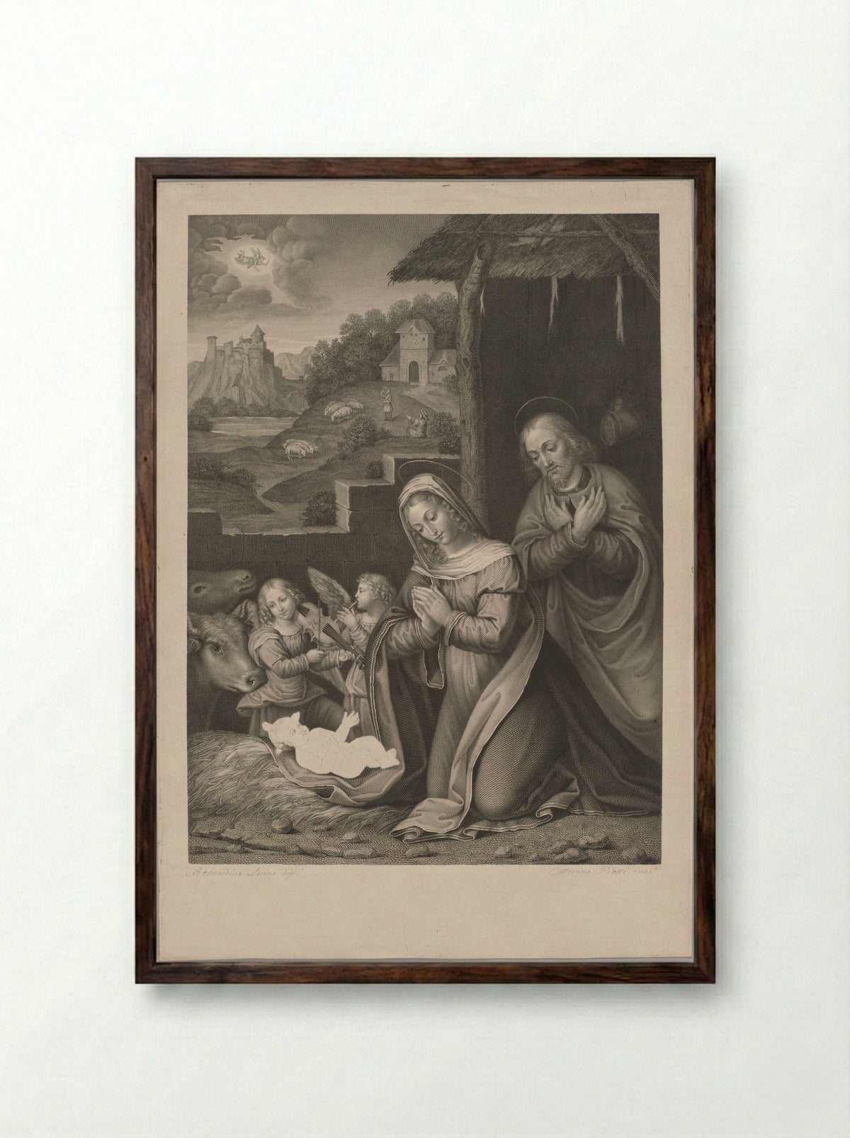 Adoration of the Infant Christ by Mary and Joseph - Caterina Piotti-Pirola - Framed Print Dark Wood