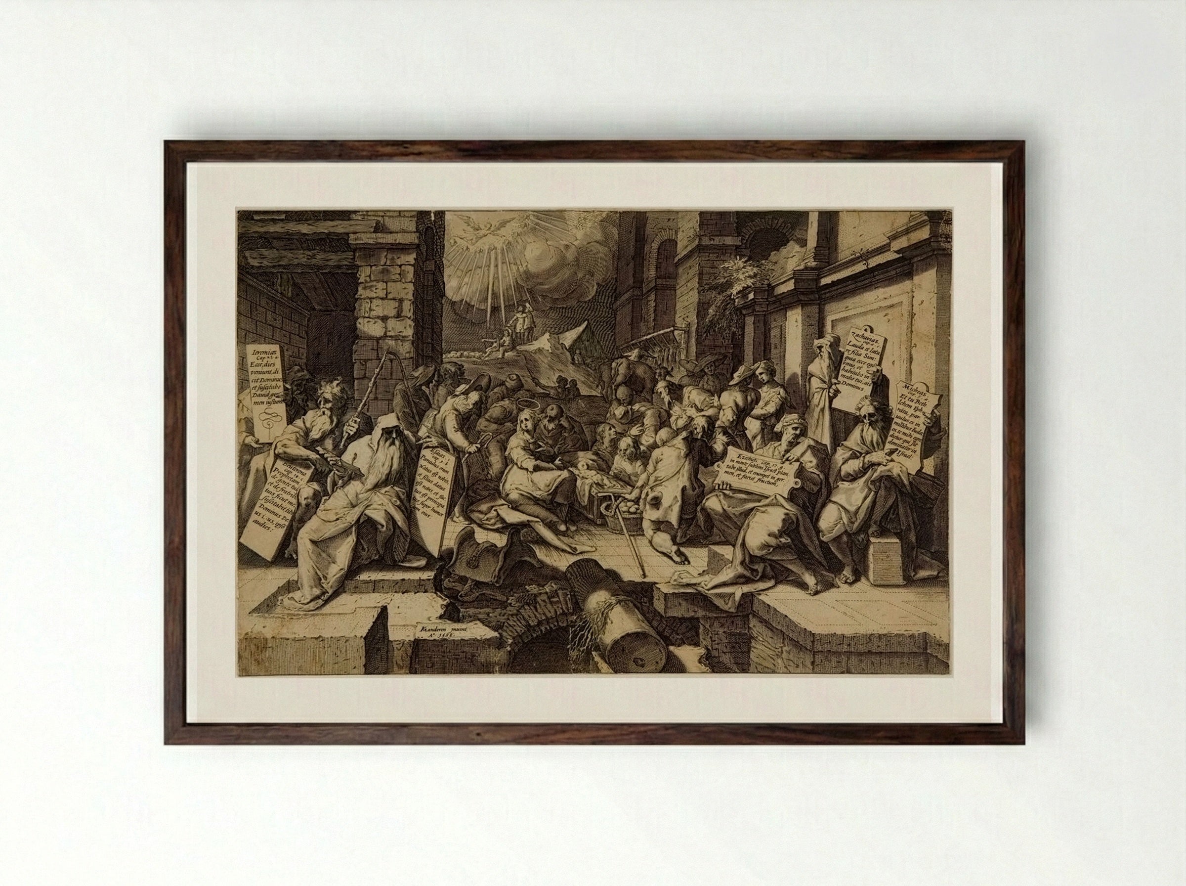 Adoration of the Shepherds, with Six Prophets - Jacob Matham - Framed Print Dark Wood