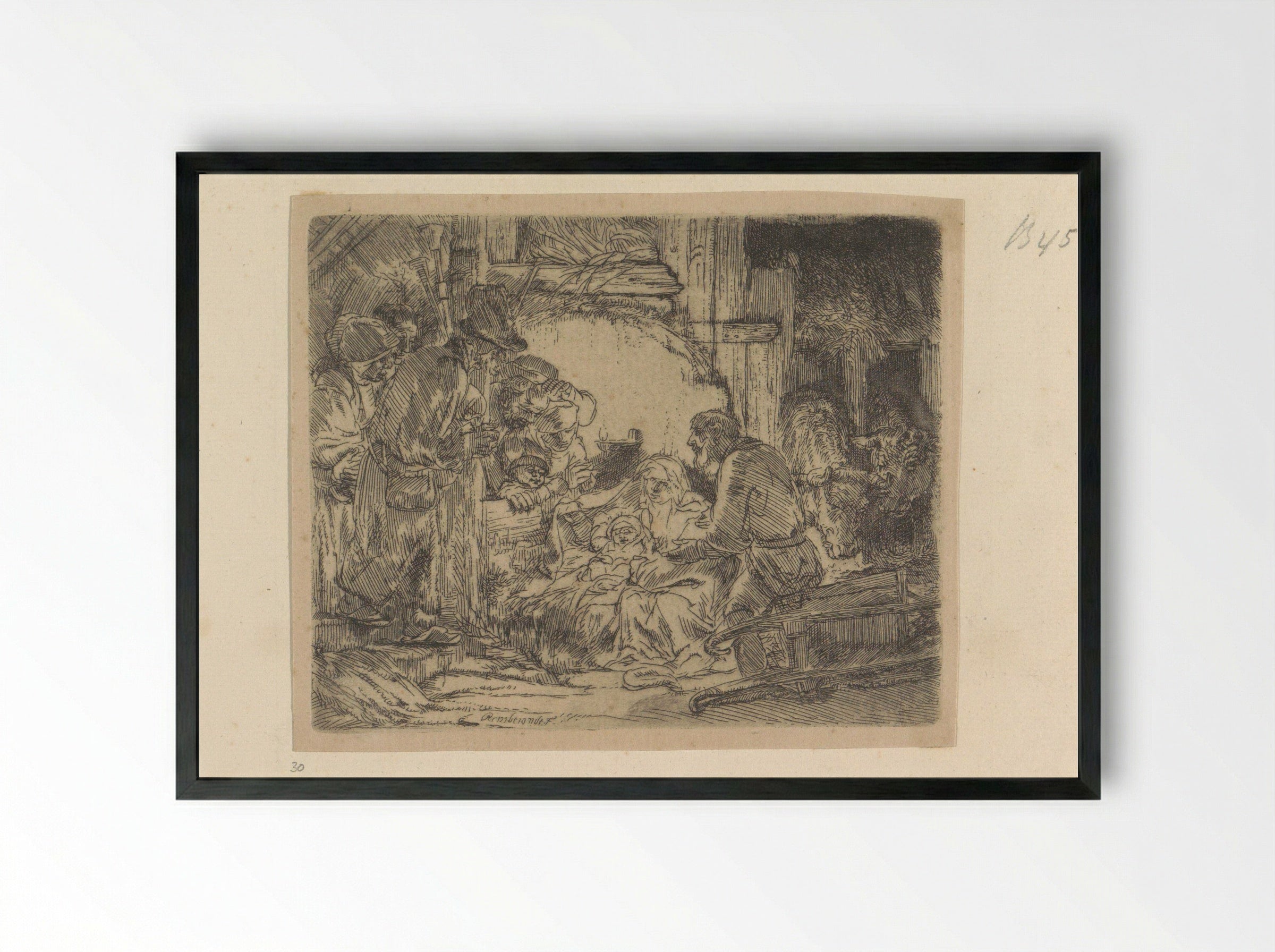 Adoration of the Shepherds: With the Oil Lamp - Henry Louis Basan - Framed Print Black