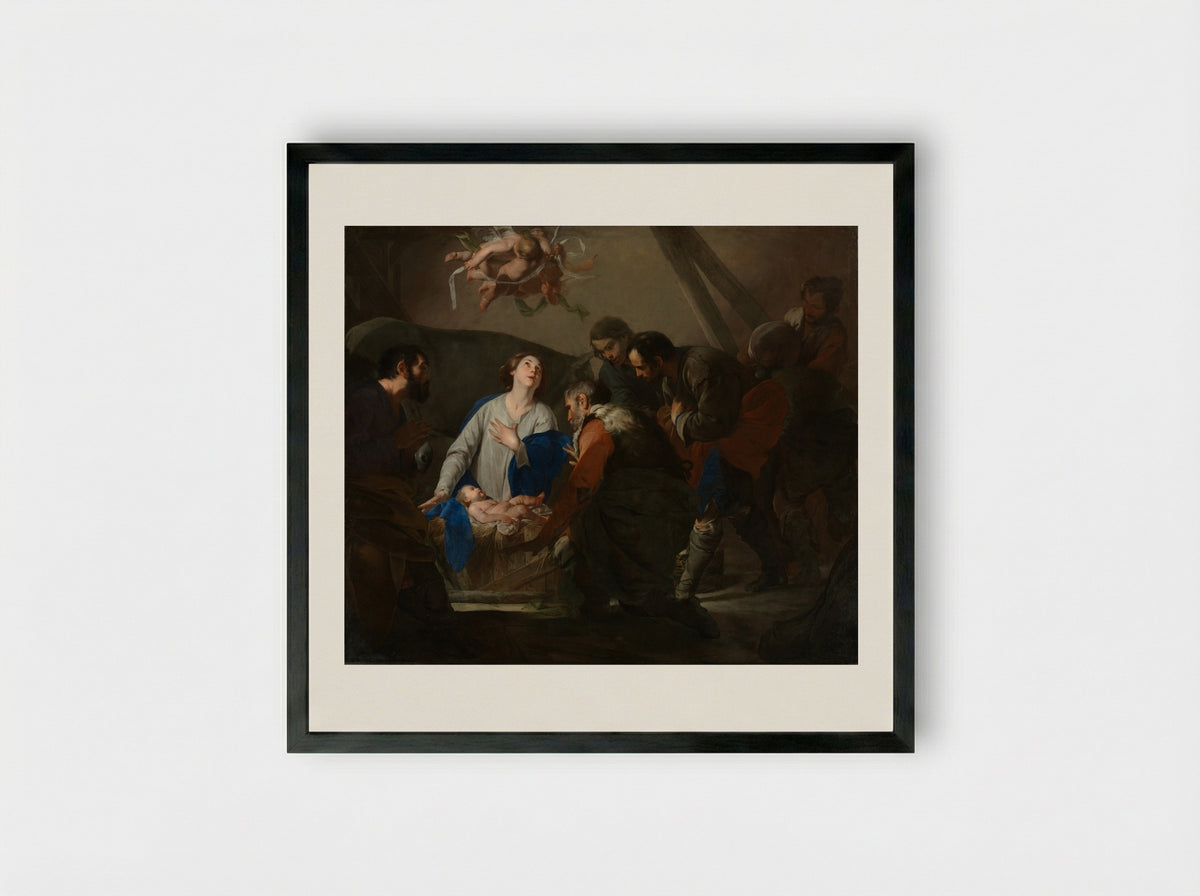 Adoration of the Shepherds - Bernardo Cavallino - Framed Print Black