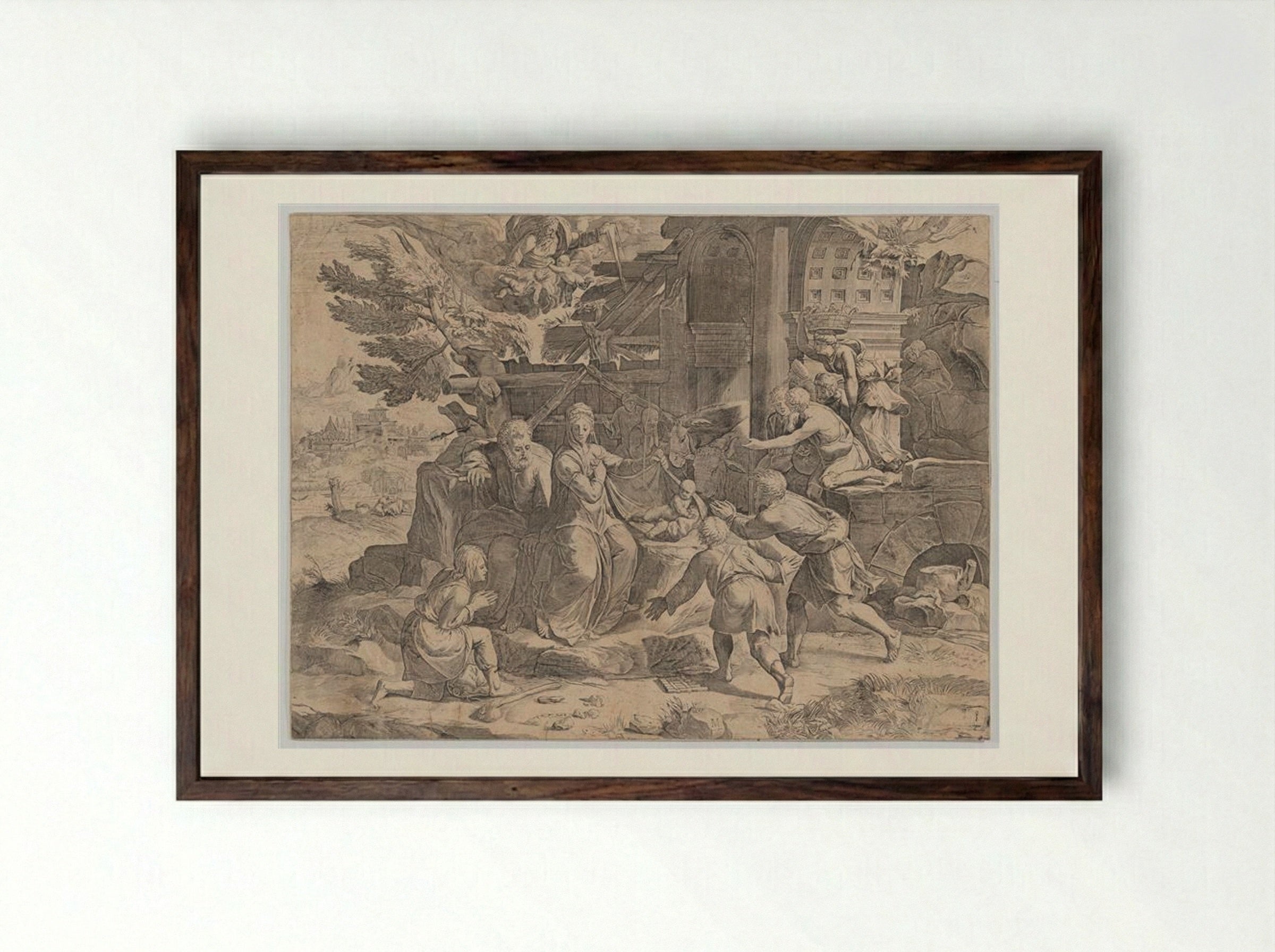 Adoration of the Shepherds - Cornelis Cort - Framed Print Dark Wood