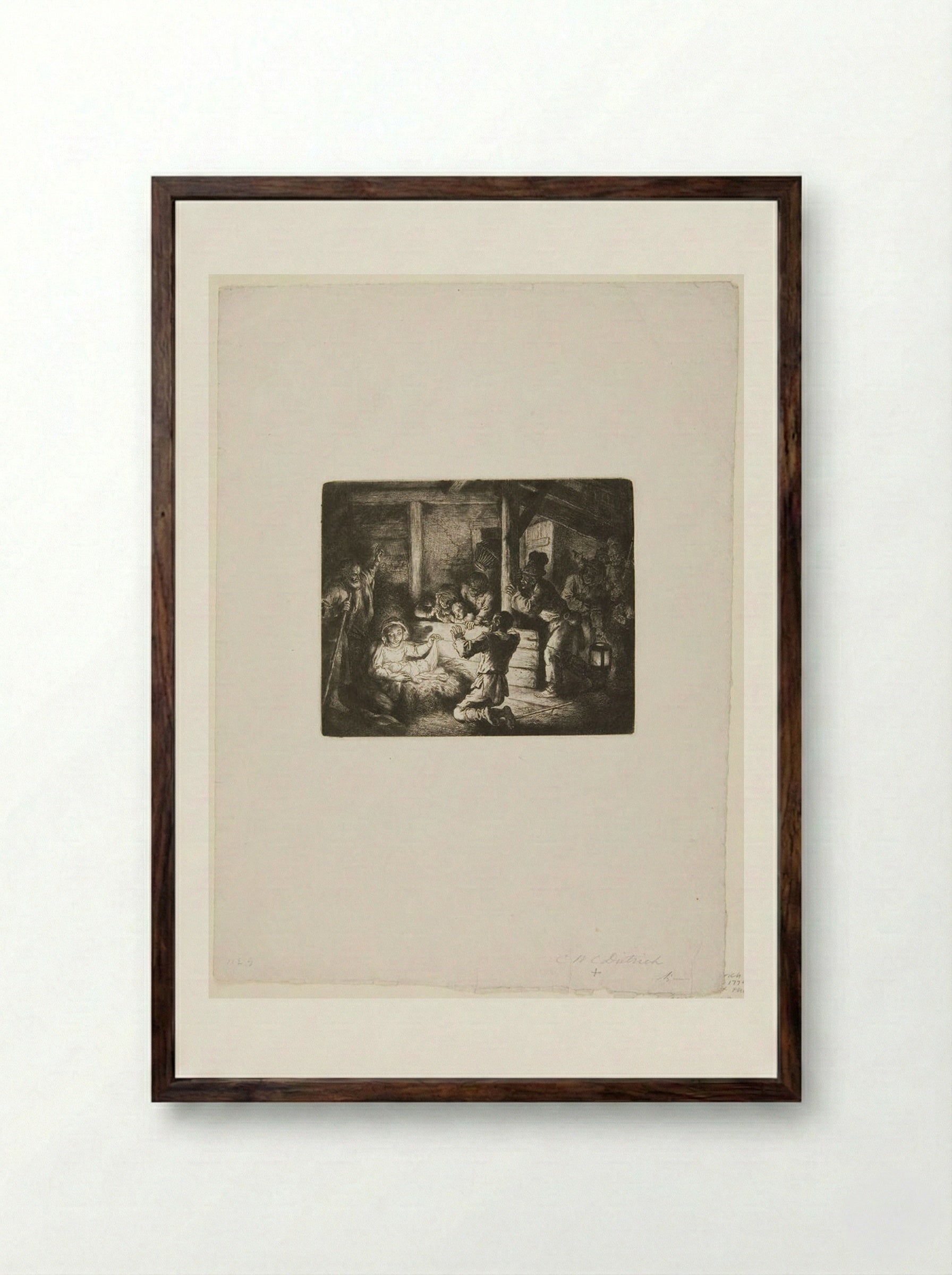 Adoration of the Shepherds - Christian Wilhelm Ernst Dietrich - Framed Print Dark Wood