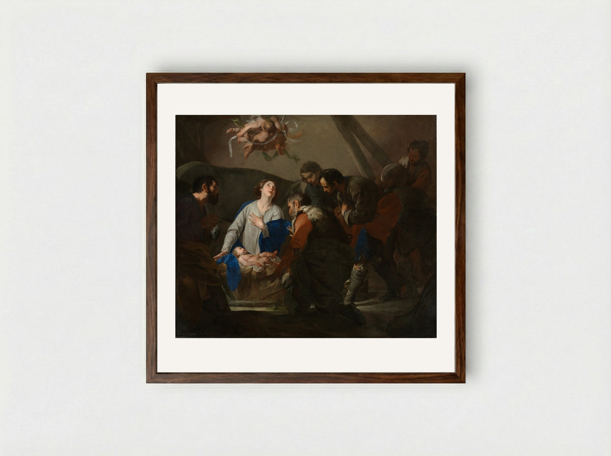Adoration of the Shepherds - Bernardo Cavallino - Framed Print Dark Wood