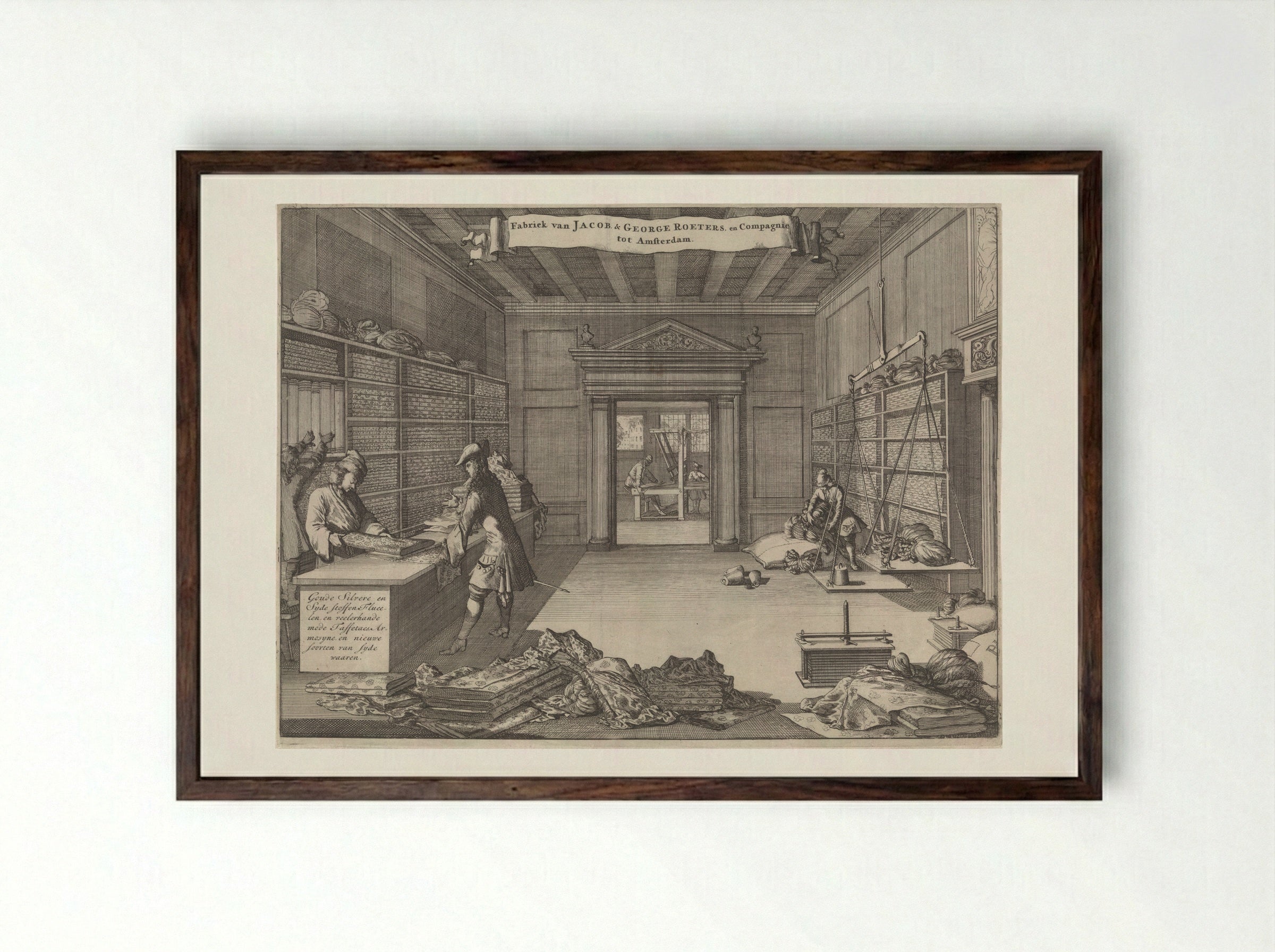 Adreskaart van Jacob & George Roeters en Compagnie te Amsterdam - Caspar Luyken - Framed Print Dark Wood
