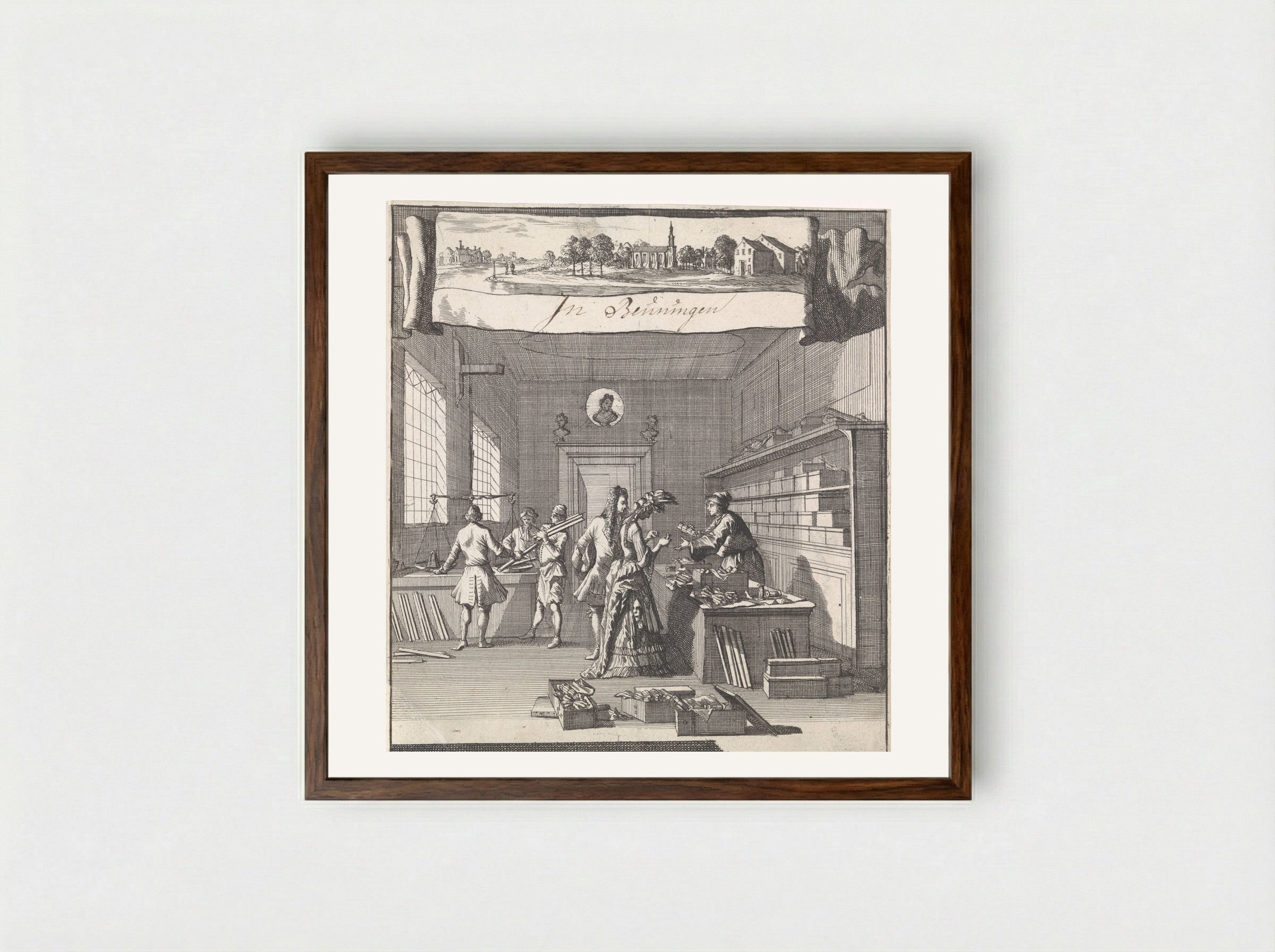 Adreskaart voor de goud- en zilverdraadwinkel van Christiaan Beuning te Beuningen - Caspar Luyken - Framed Print Dark Wood
