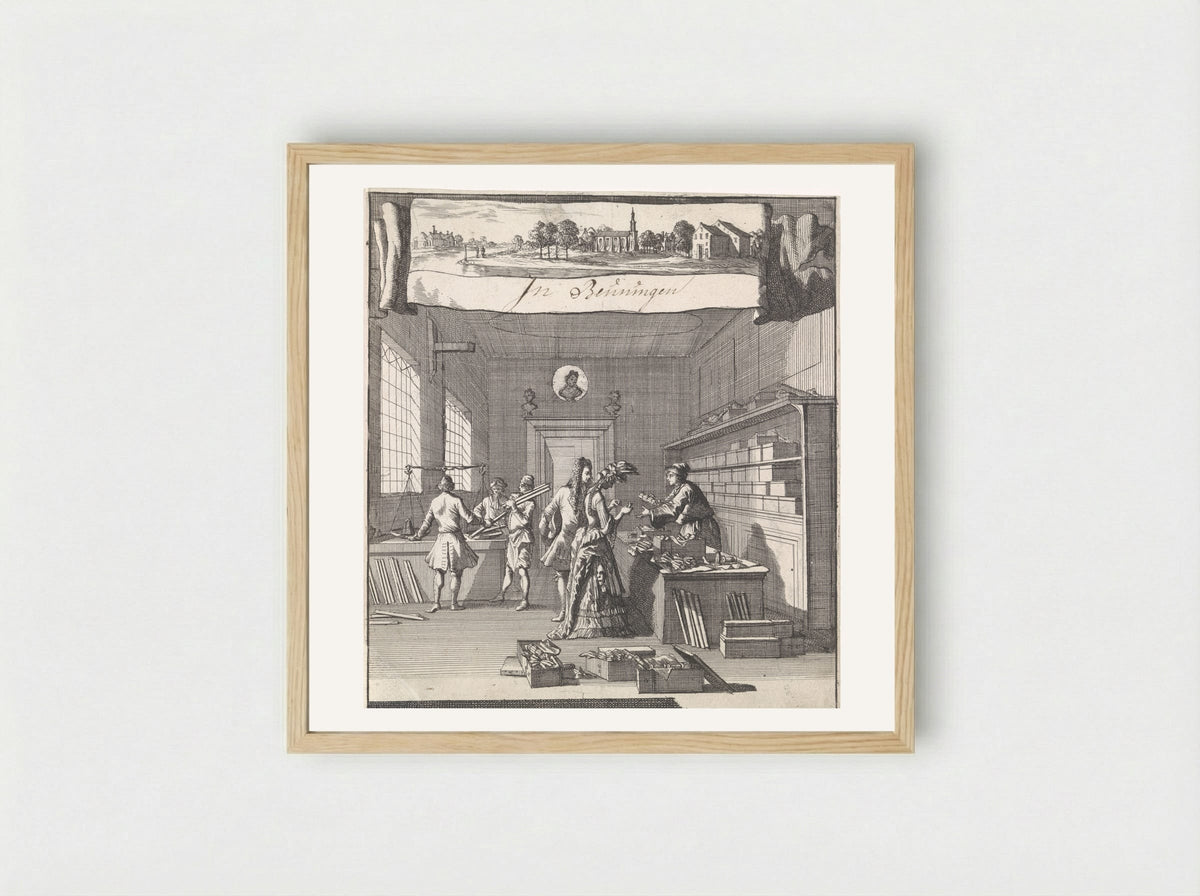 Adreskaart voor de goud- en zilverdraadwinkel van Christiaan Beuning te Beuningen - Caspar Luyken - Framed Print Wood