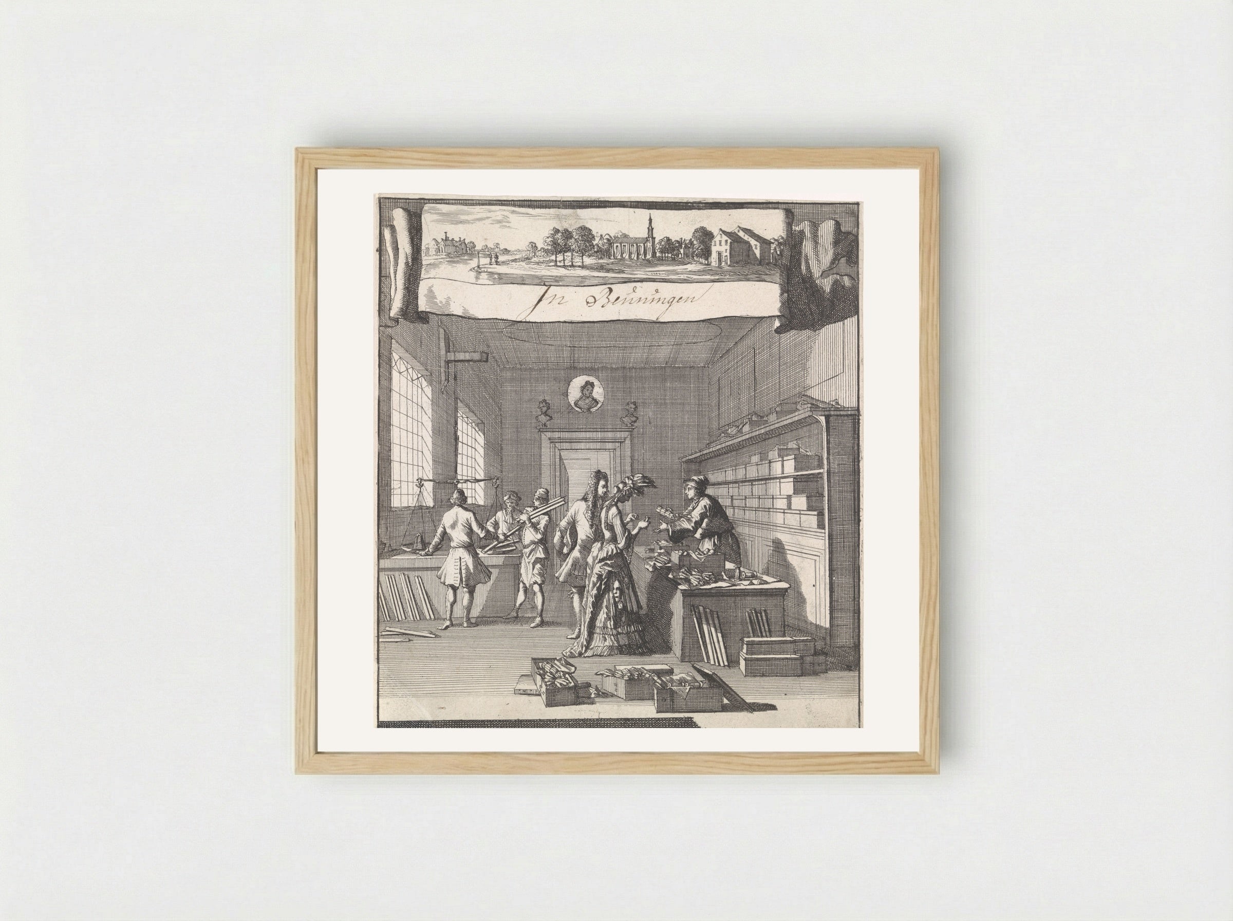 Adreskaart voor de goud- en zilverdraadwinkel van Christiaan Beuning te Beuningen - Caspar Luyken - Framed Print Wood