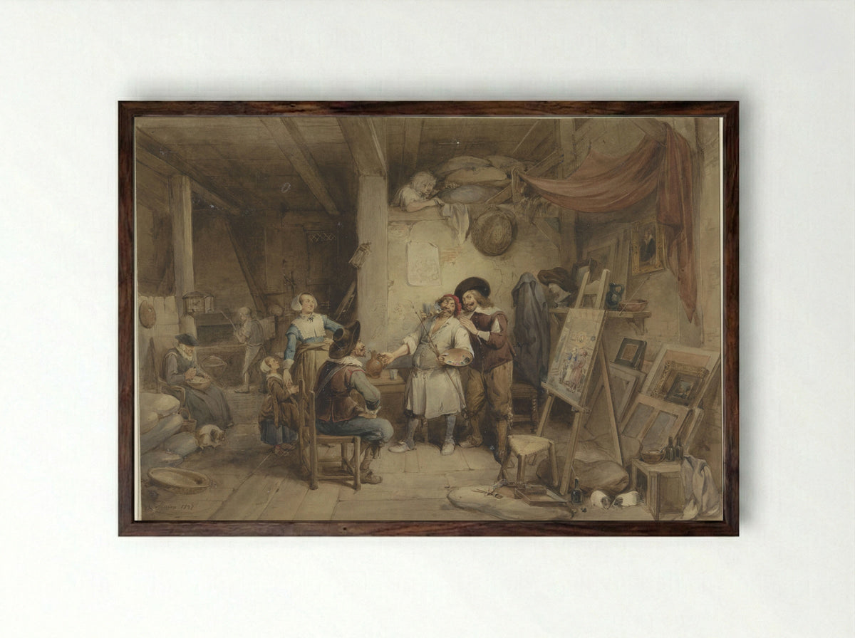 Adriaen Brouwer bij zijn leerling J. van Craesbeek - Jean Baptiste Madou - Framed Print Dark Wood
