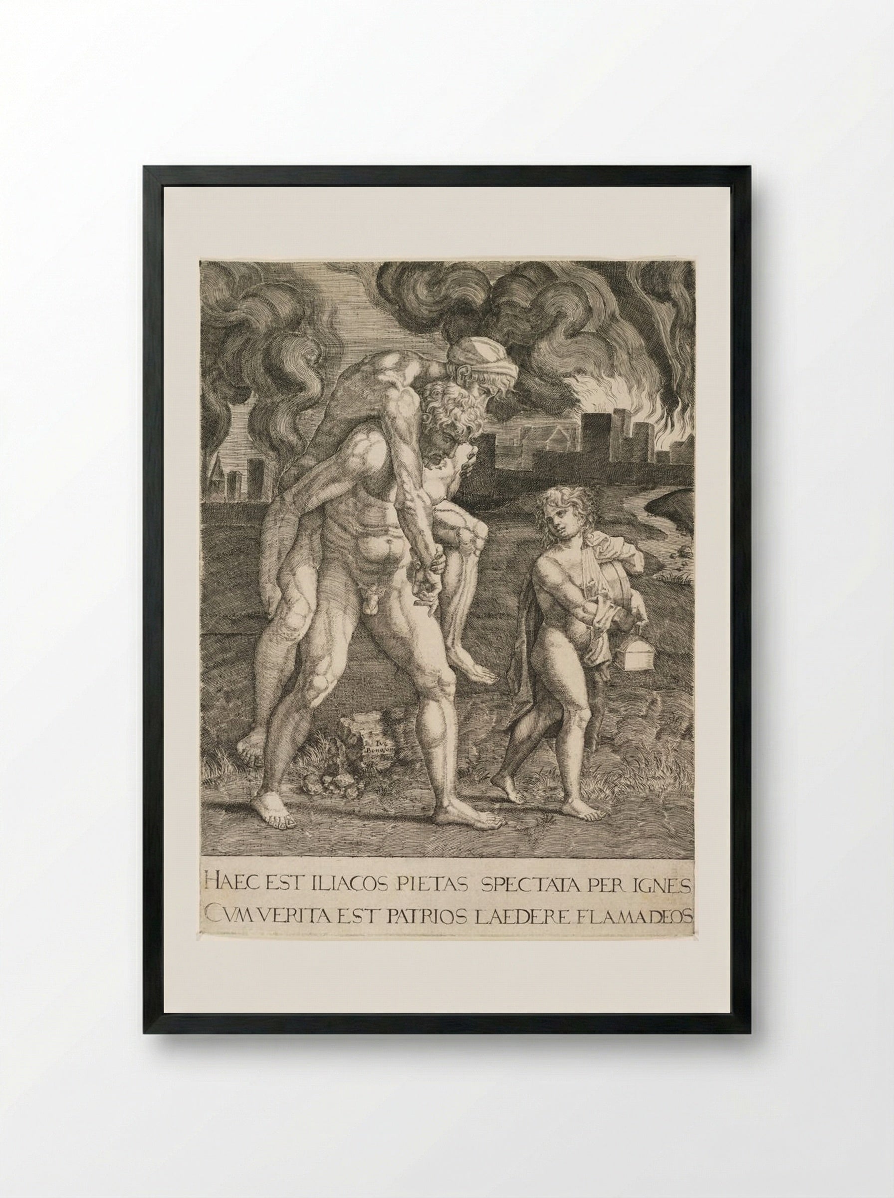 Aeneas Carries Anchises from the Burning City of Troy - Giulio Bonasone - Framed Print Black