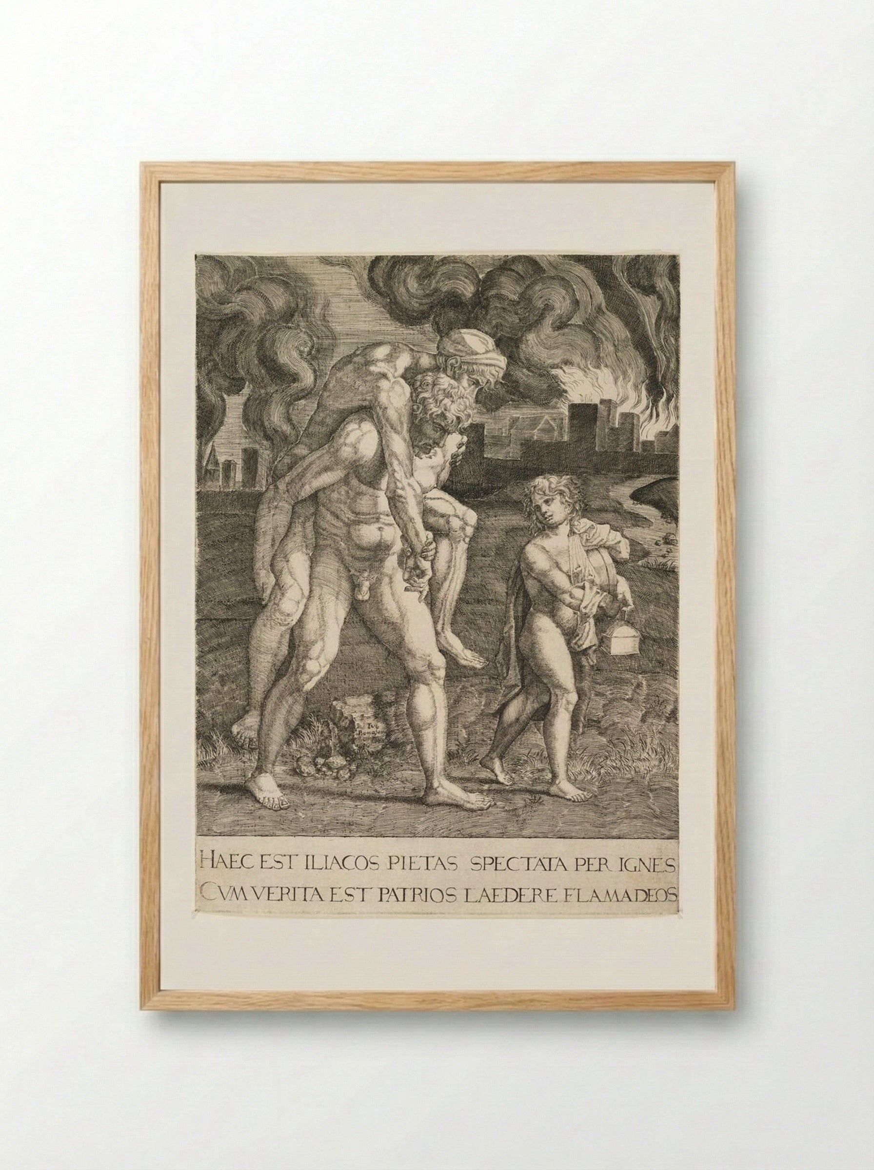 Aeneas Carries Anchises from the Burning City of Troy - Giulio Bonasone - Framed Print Wood