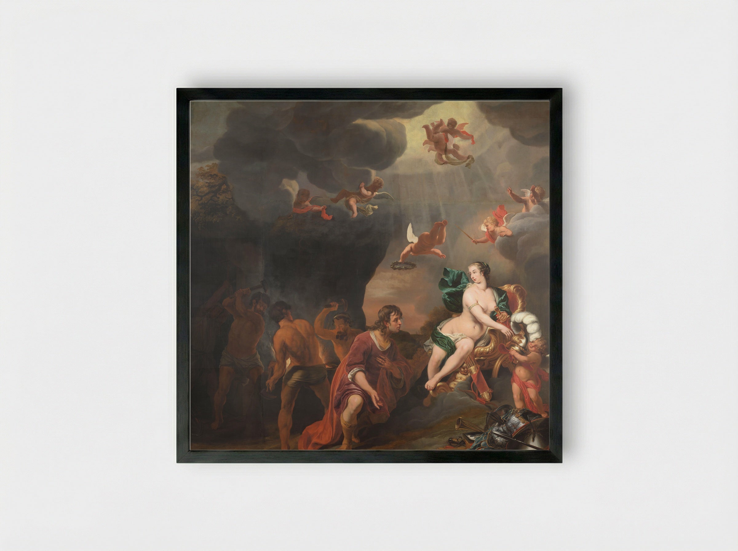 Aeneas Receives New Armour from Venus in the Forge of Vulcan - Ferdinand Bol - Framed Print Black