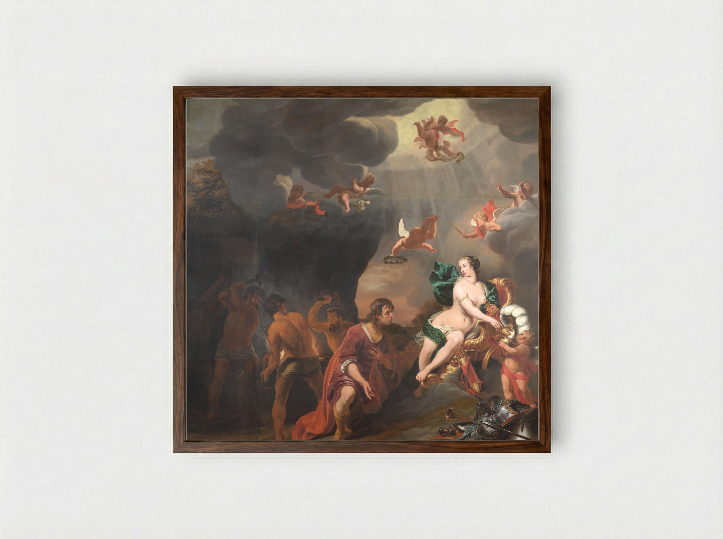 Aeneas Receives New Armour from Venus in the Forge of Vulcan - Ferdinand Bol - Framed Print Dark Wood