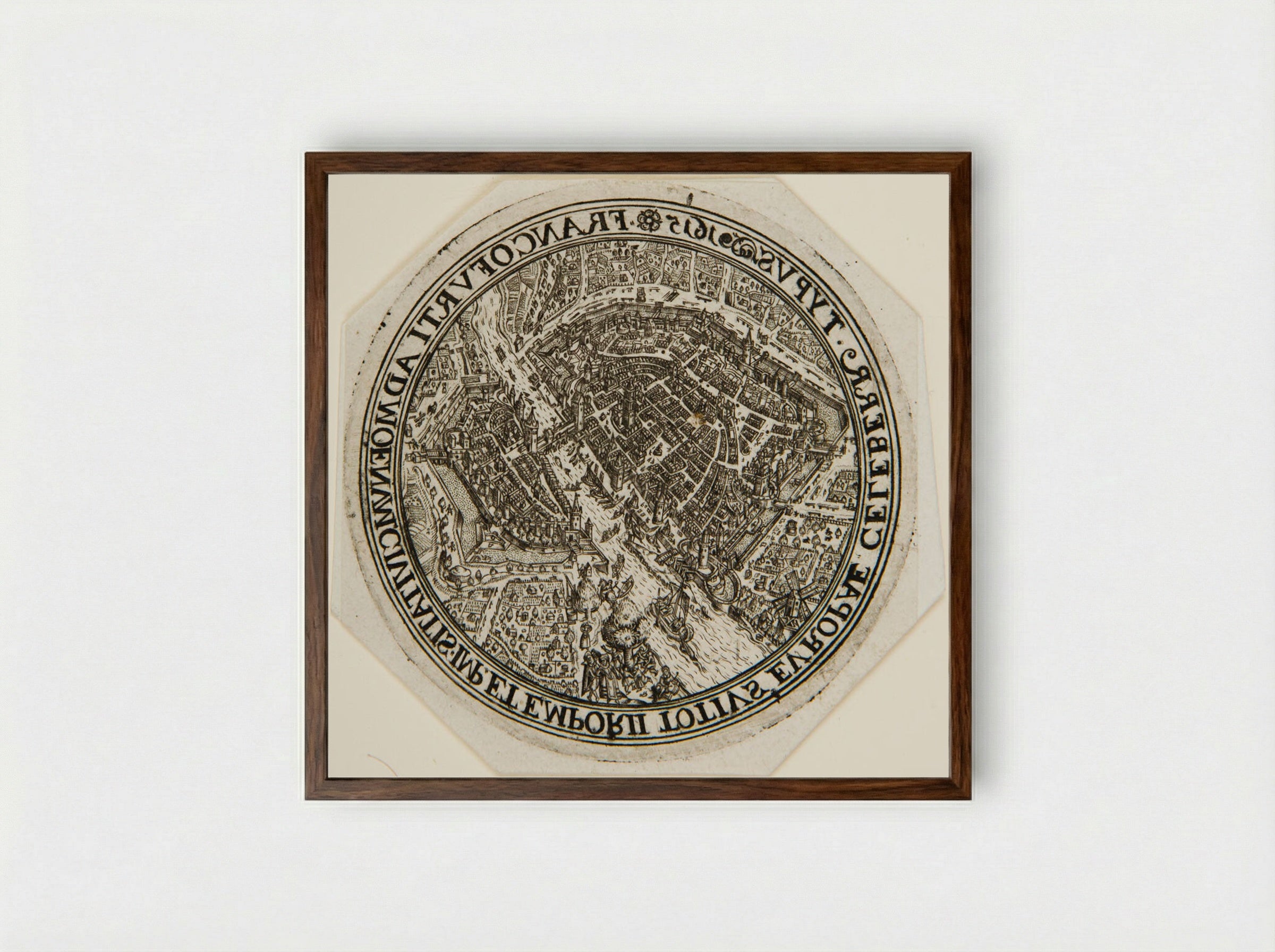 Aerial View of Frankfort - Johann Theodor de Bry - Framed Print Dark Wood