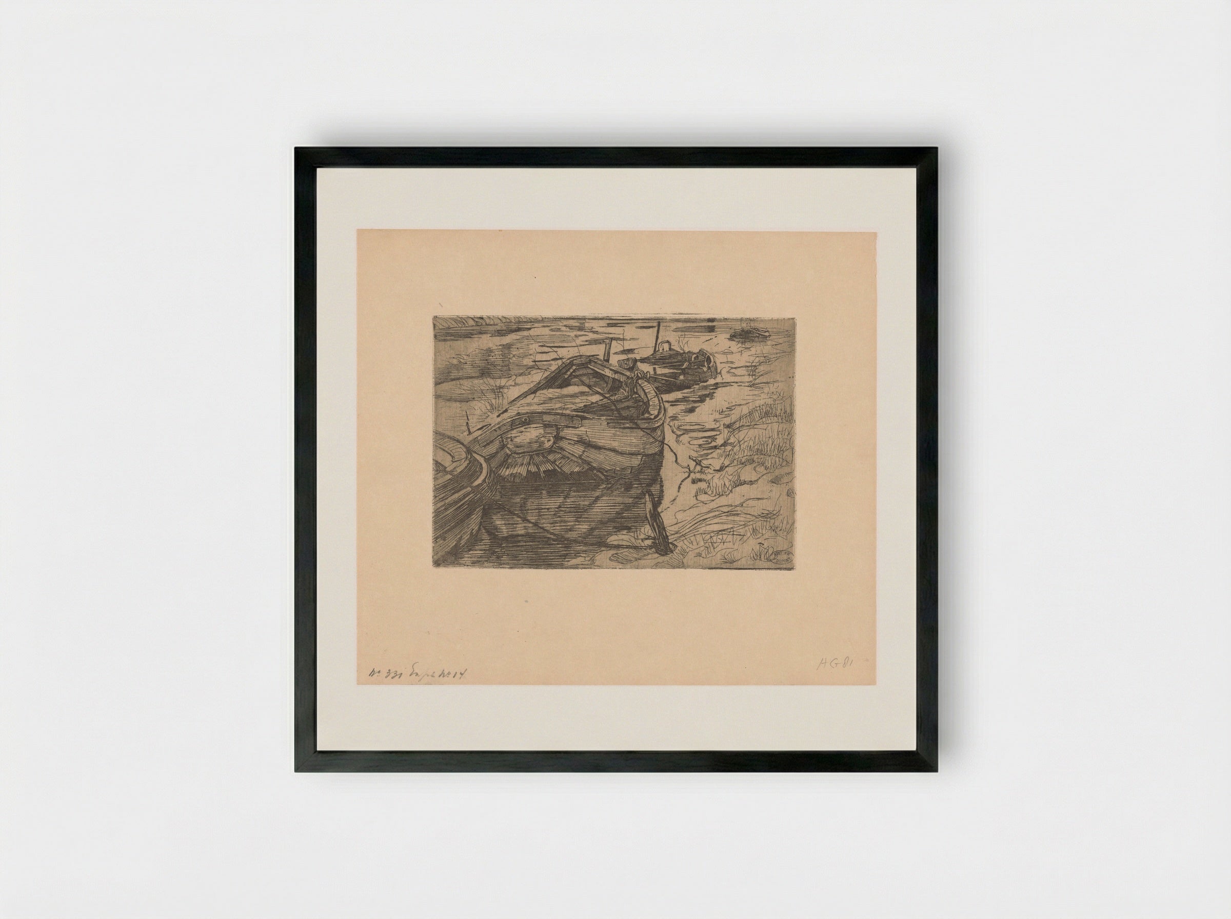 Afgemeerde roeiboten in een sloot - Pieter Dupont - Framed Print Black