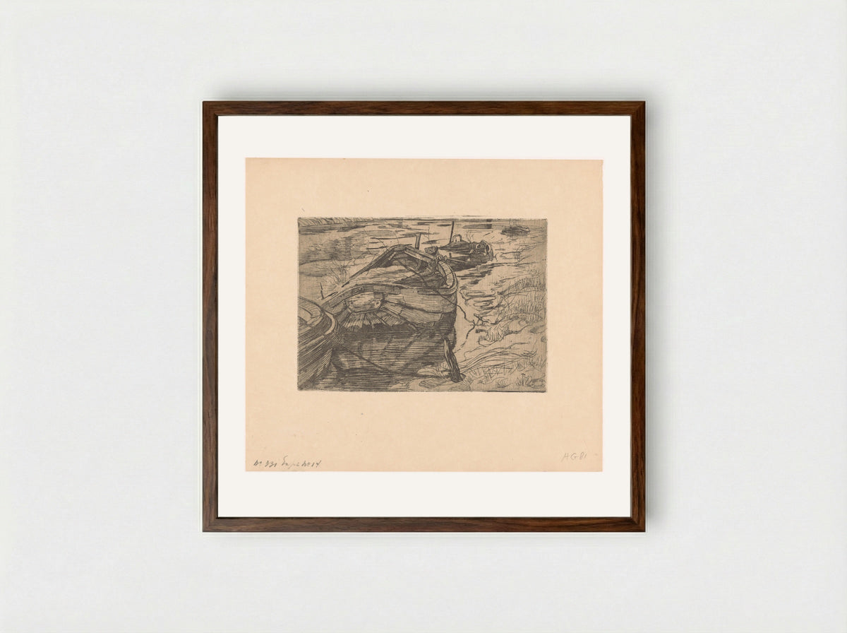 Afgemeerde roeiboten in een sloot - Pieter Dupont - Framed Print Dark Wood