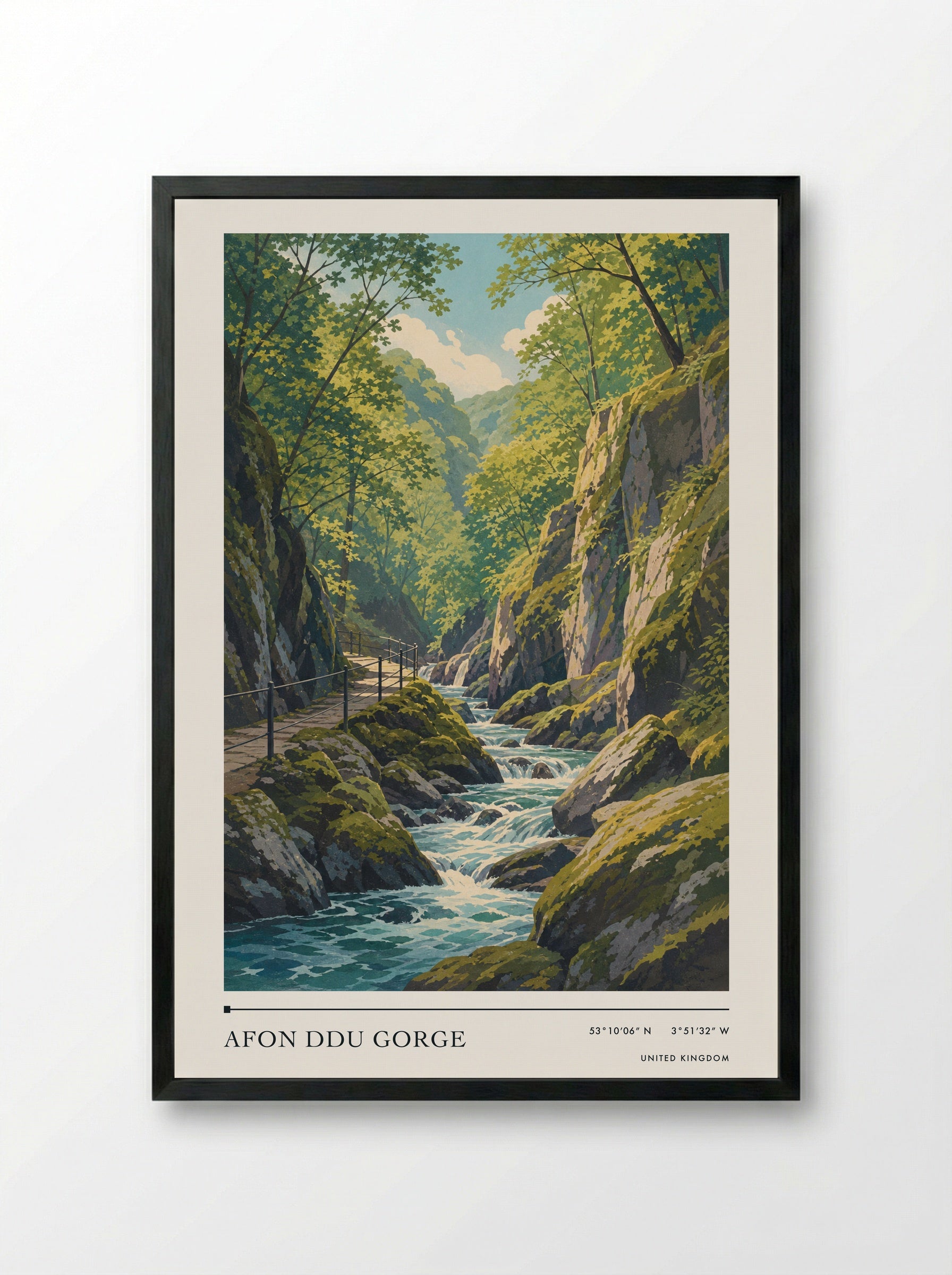 Afon Ddu Gorge United Kingdom Travel Poster - Framed Print Black