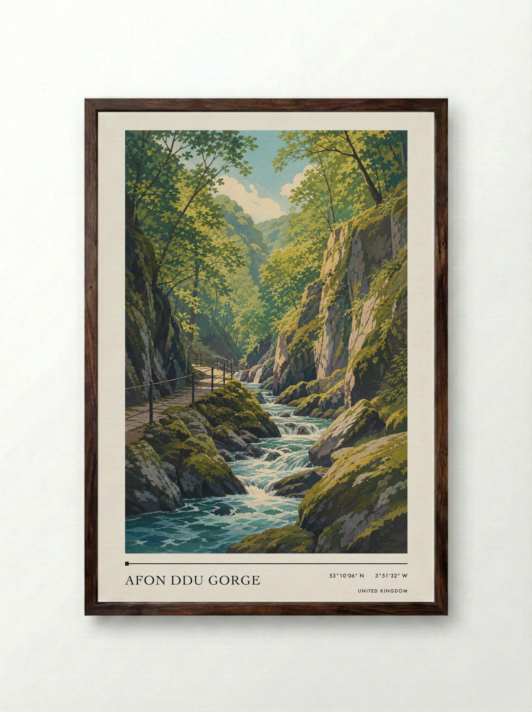 Afon Ddu Gorge United Kingdom Travel Poster - Framed Print Dark Wood