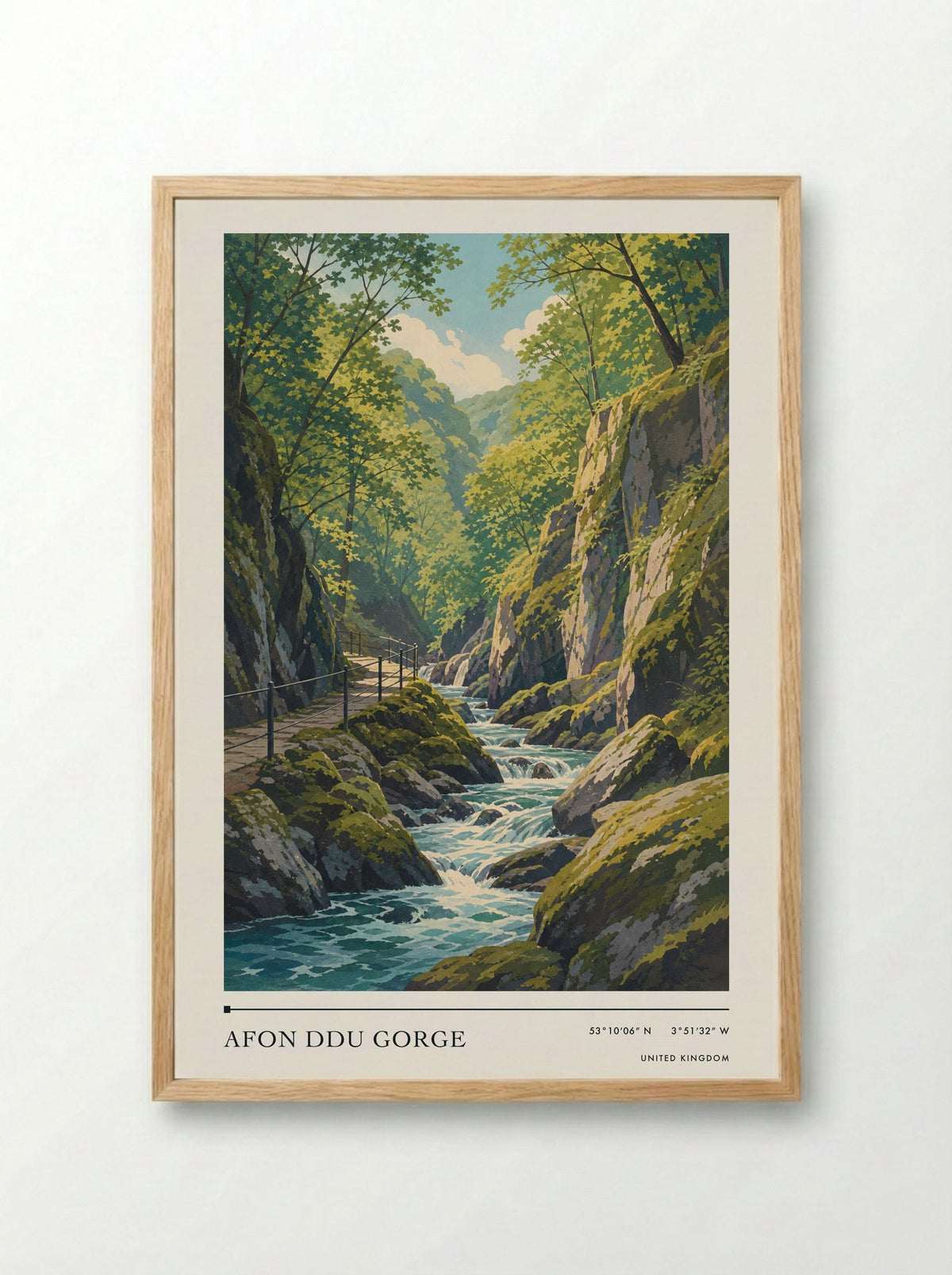 Afon Ddu Gorge United Kingdom Travel Poster - Framed Print Wood