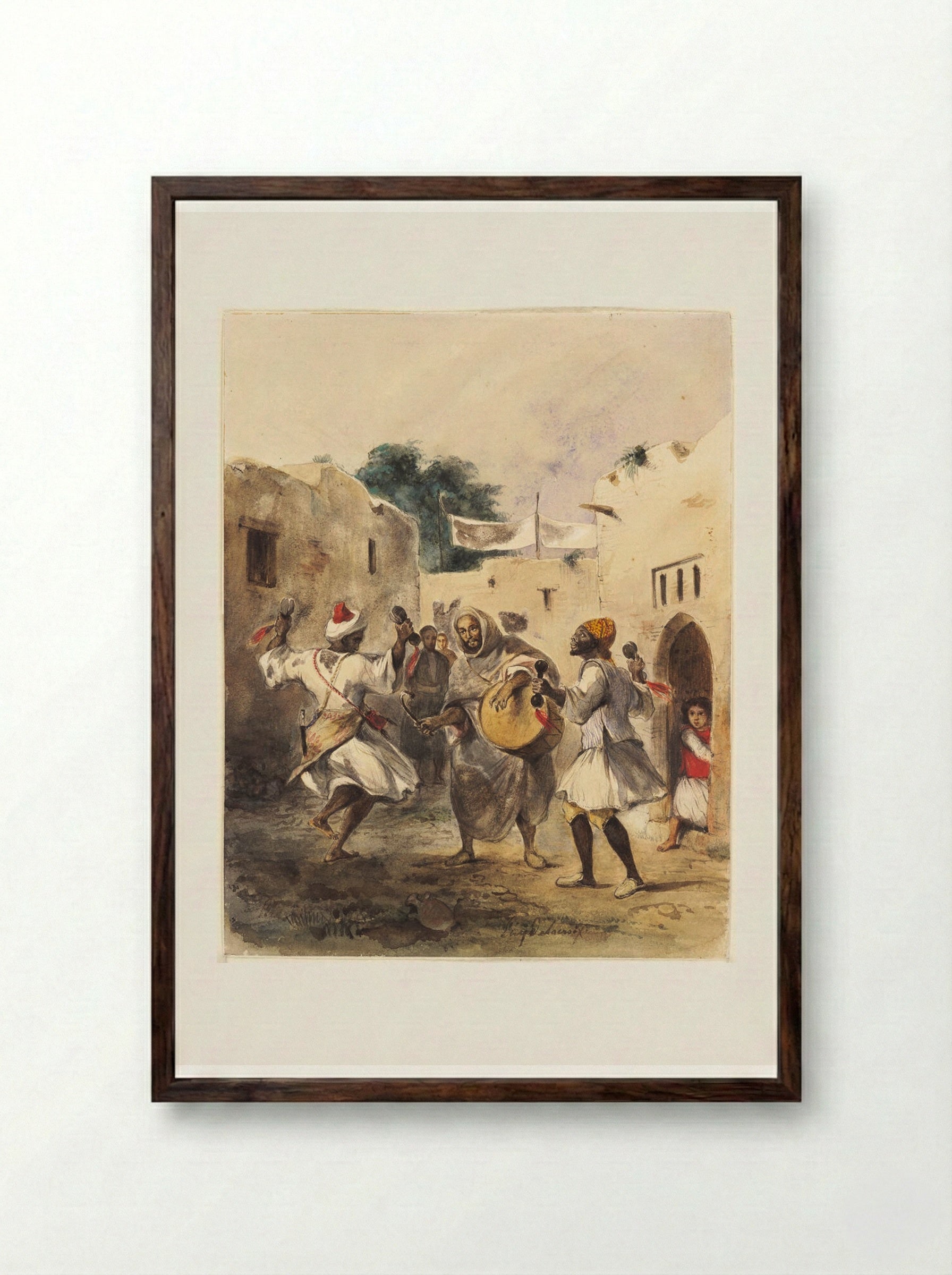 Africans Dancing in the Street - Ferdinand-Victor-Eugène Delacroix - Framed Print Dark Wood