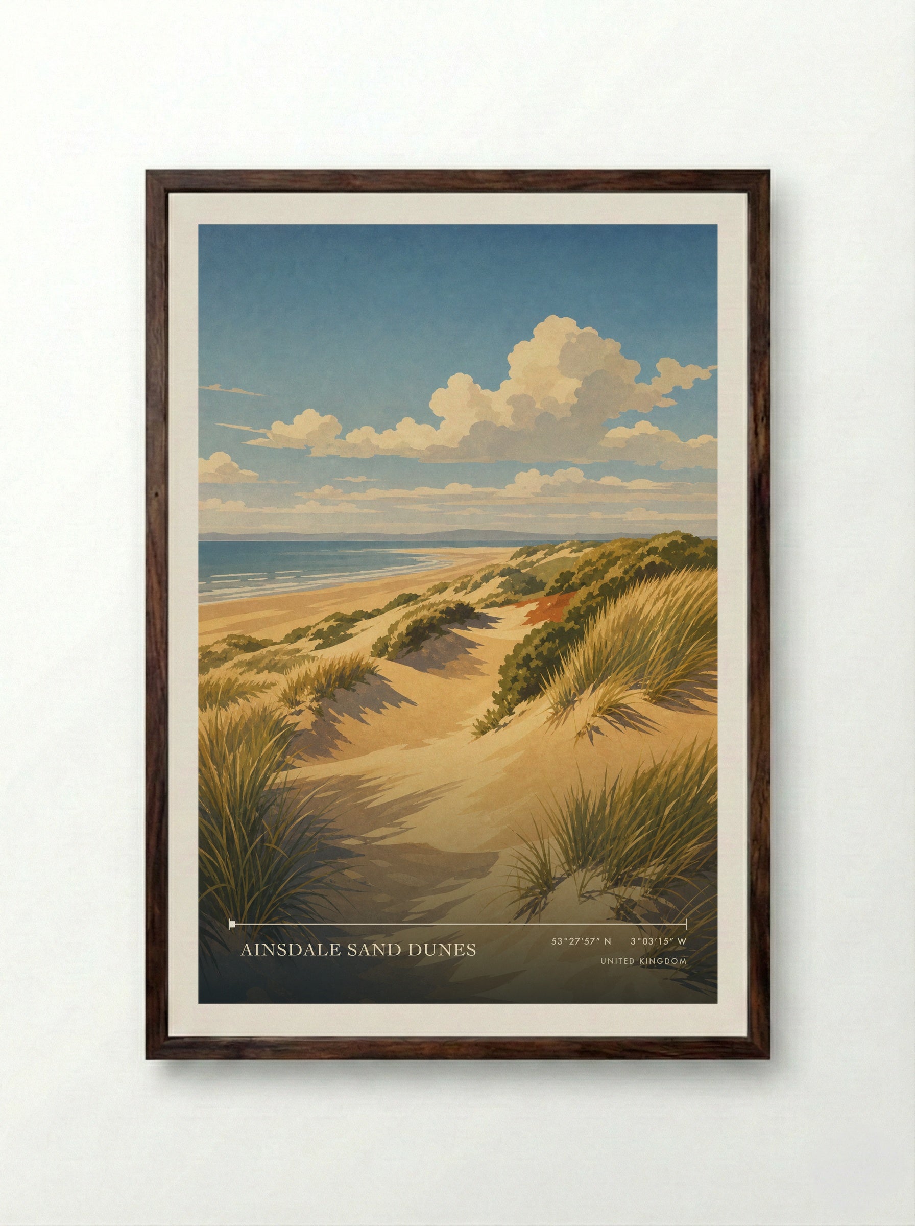 Ainsdale Sand Dunes United Kingdom Travel Poster - Framed Print Dark Wood