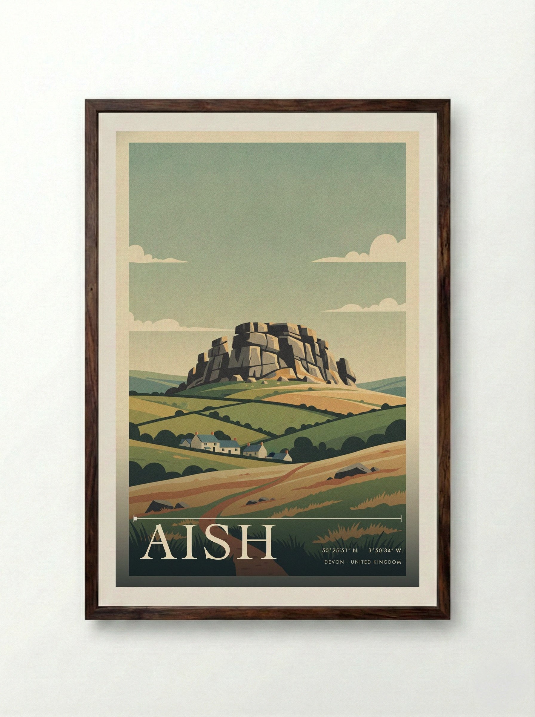 Aish Devon United Kingdom Travel Poster - Framed Print Dark Wood