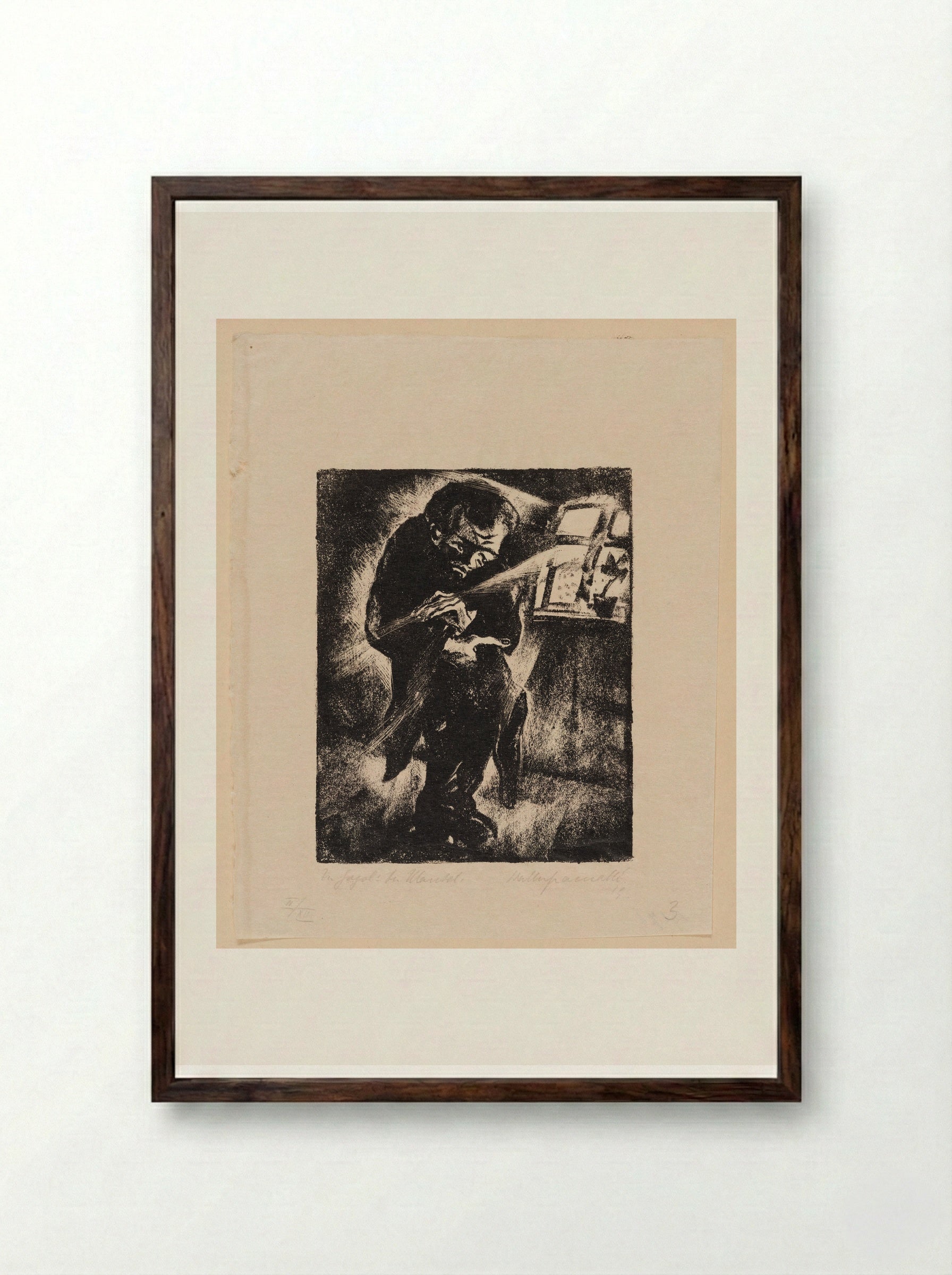 Akaki Shows the Tailor the Areas to Be Repaired - Walter Gramatté - Framed Print Dark Wood