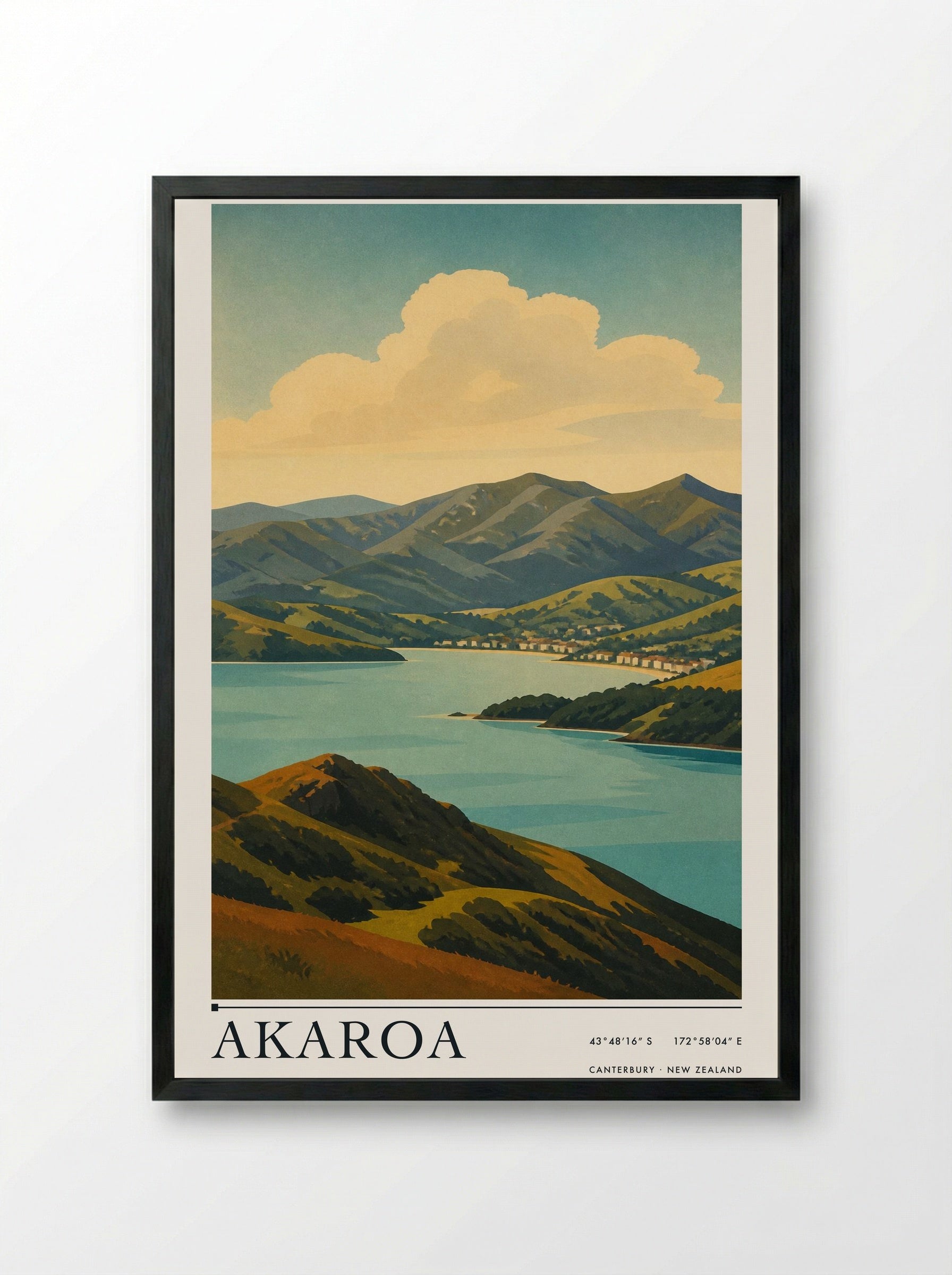 Akaroa Travel Poster Artwork - Framed Print Black