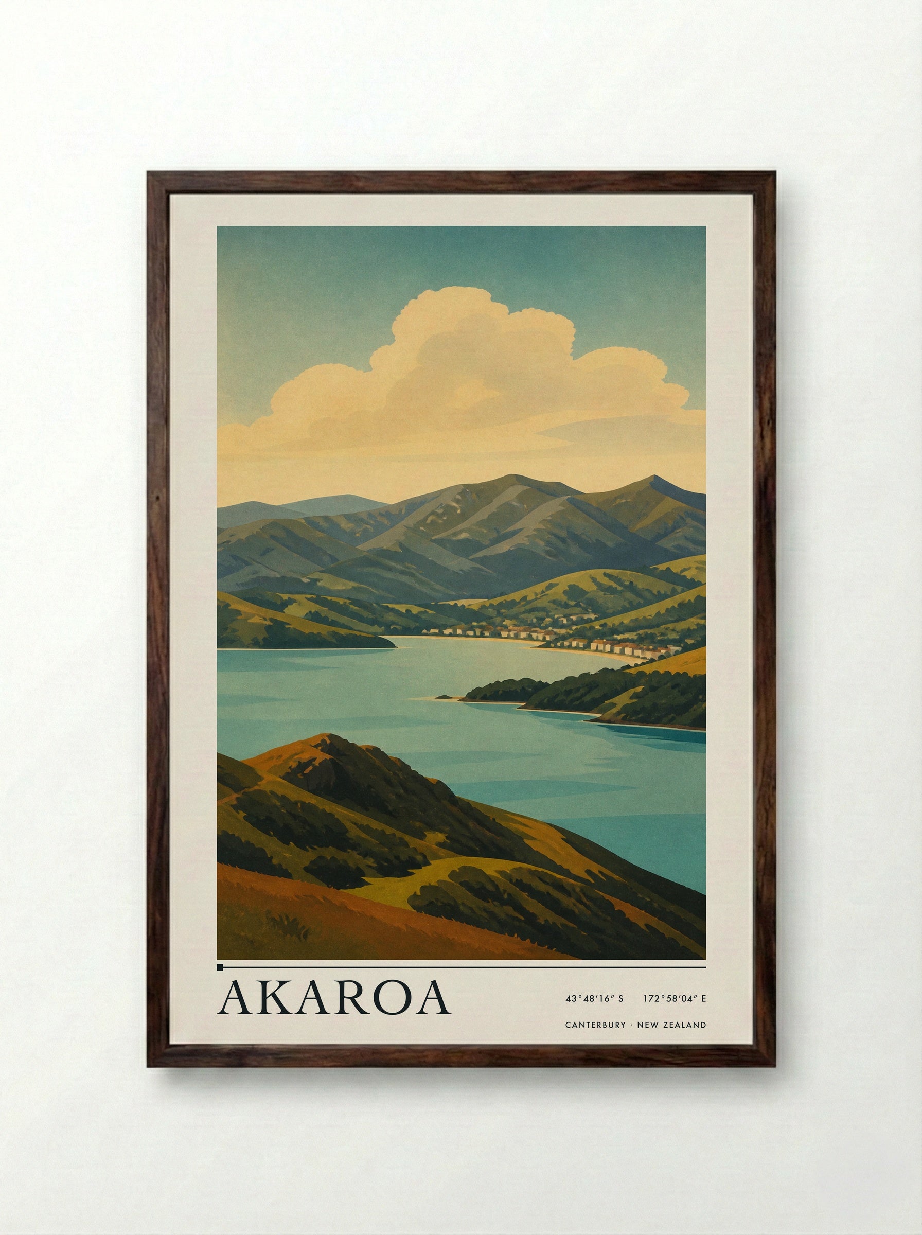 Akaroa Travel Poster Artwork - Framed Print Dark Wood