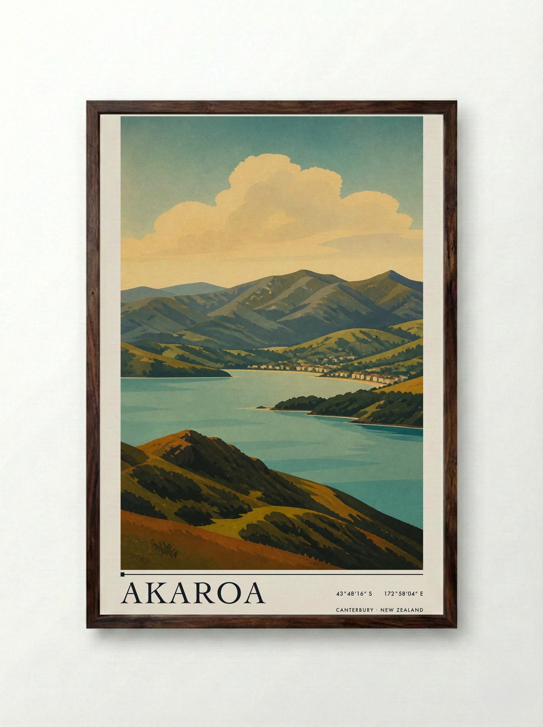 Akaroa Travel Poster Artwork - Framed Print Dark Wood