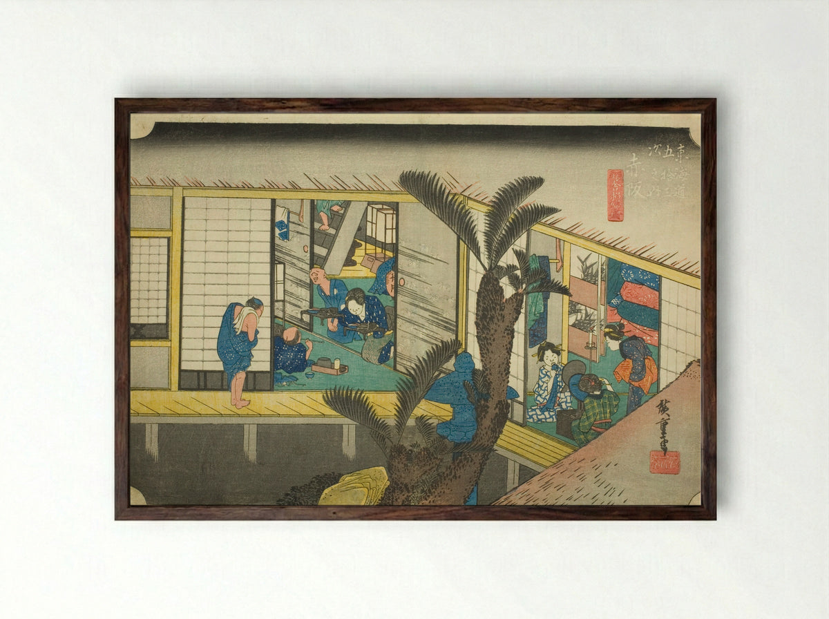 Akasaka: Waitresses at an Inn - Utagawa Hiroshige - Framed Print Dark Wood