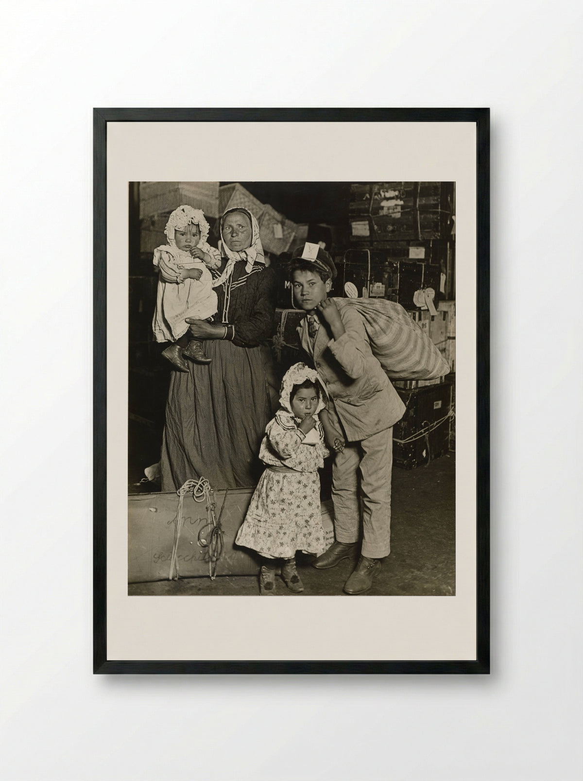 Albanian Woman and Children at Ellis Island - Lewis Wickes Hine - Framed Print Black