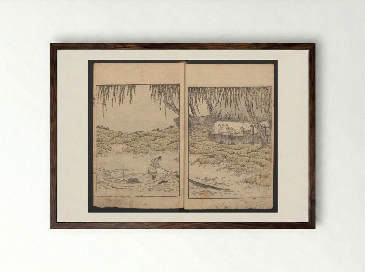 Album of Landscape Paintings by Ichiro - Yashima Gakutei - Framed Print Dark Wood
