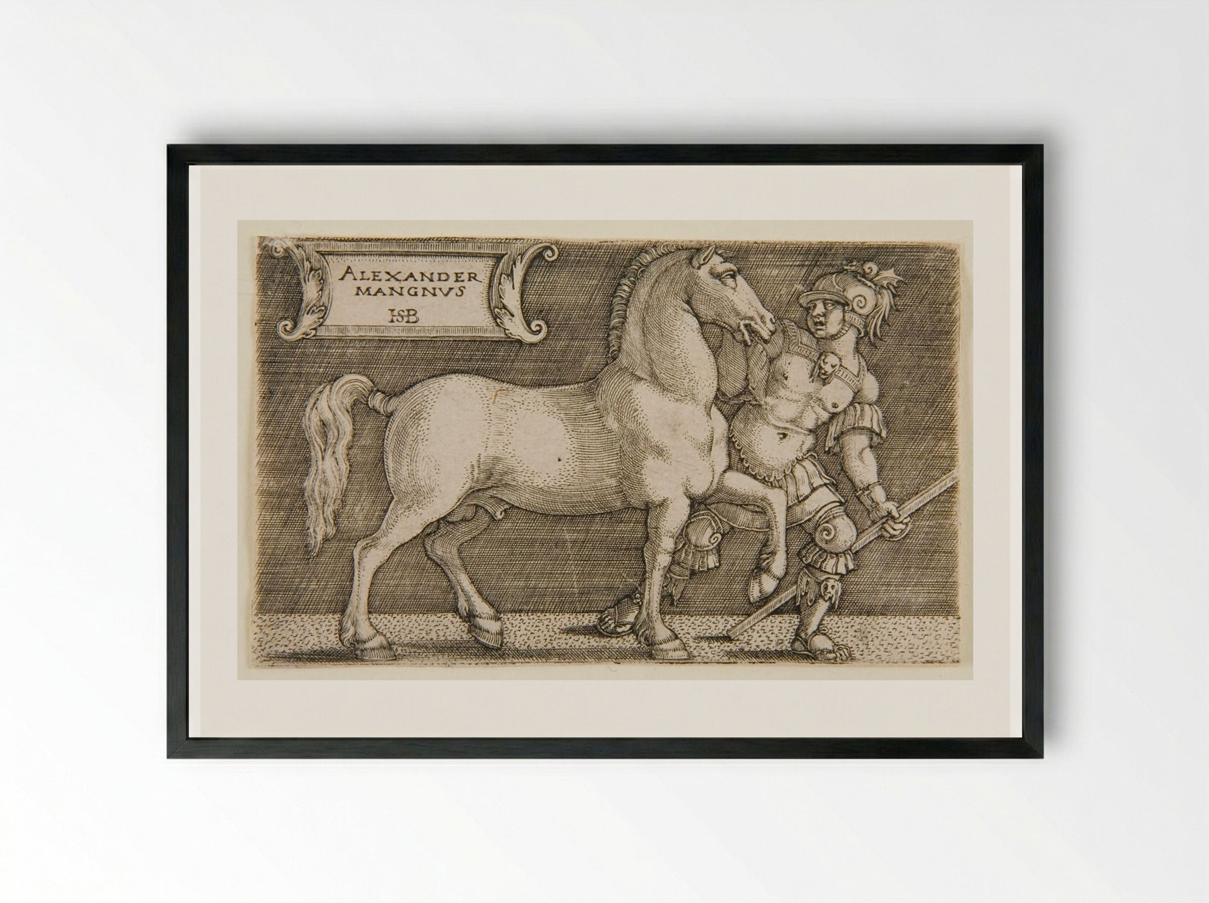 Alexander the Great with His Horse Bucephalus - Sebald Beham - Framed Print Black