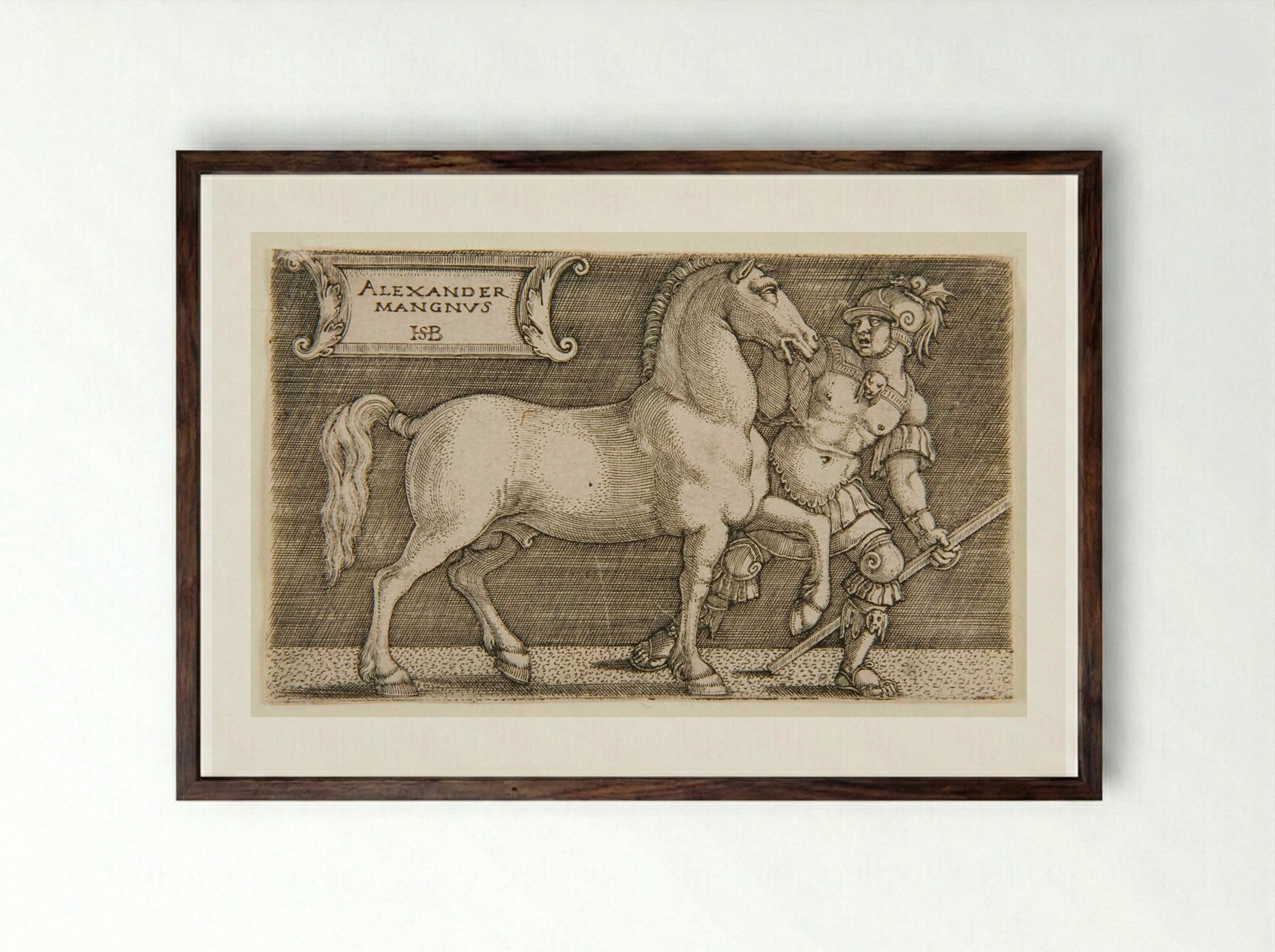 Alexander the Great with His Horse Bucephalus - Sebald Beham - Framed Print Dark Wood