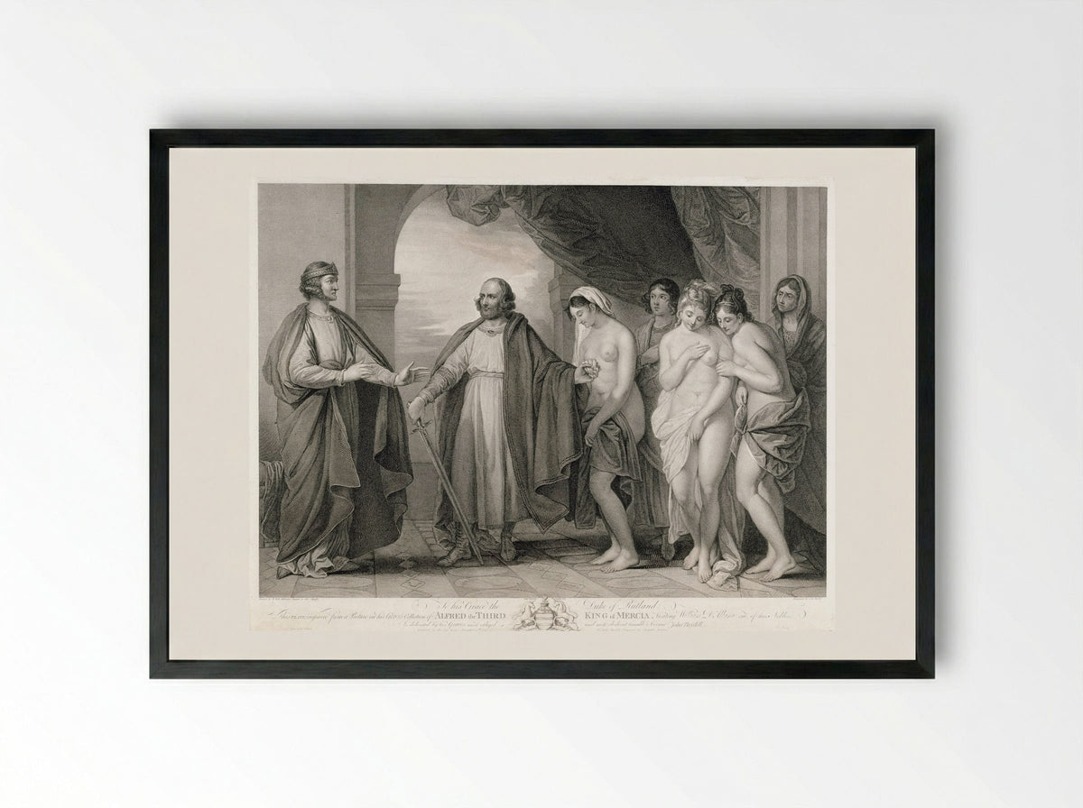 Alfred III, King of Mercia, Visiting William d'Albanac - Jean Baptiste Michel - Framed Print Black