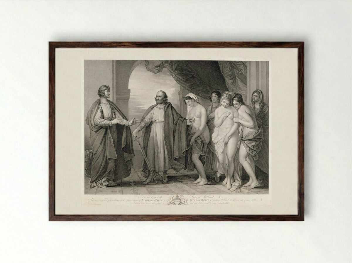 Alfred III, King of Mercia, Visiting William d'Albanac - Jean Baptiste Michel - Framed Print Dark Wood
