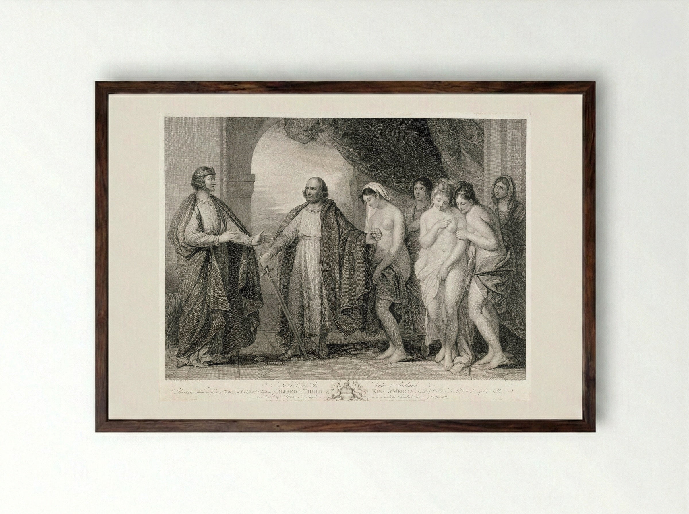 Alfred III, King of Mercia, Visiting William d'Albanac - Jean Baptiste Michel - Framed Print Dark Wood