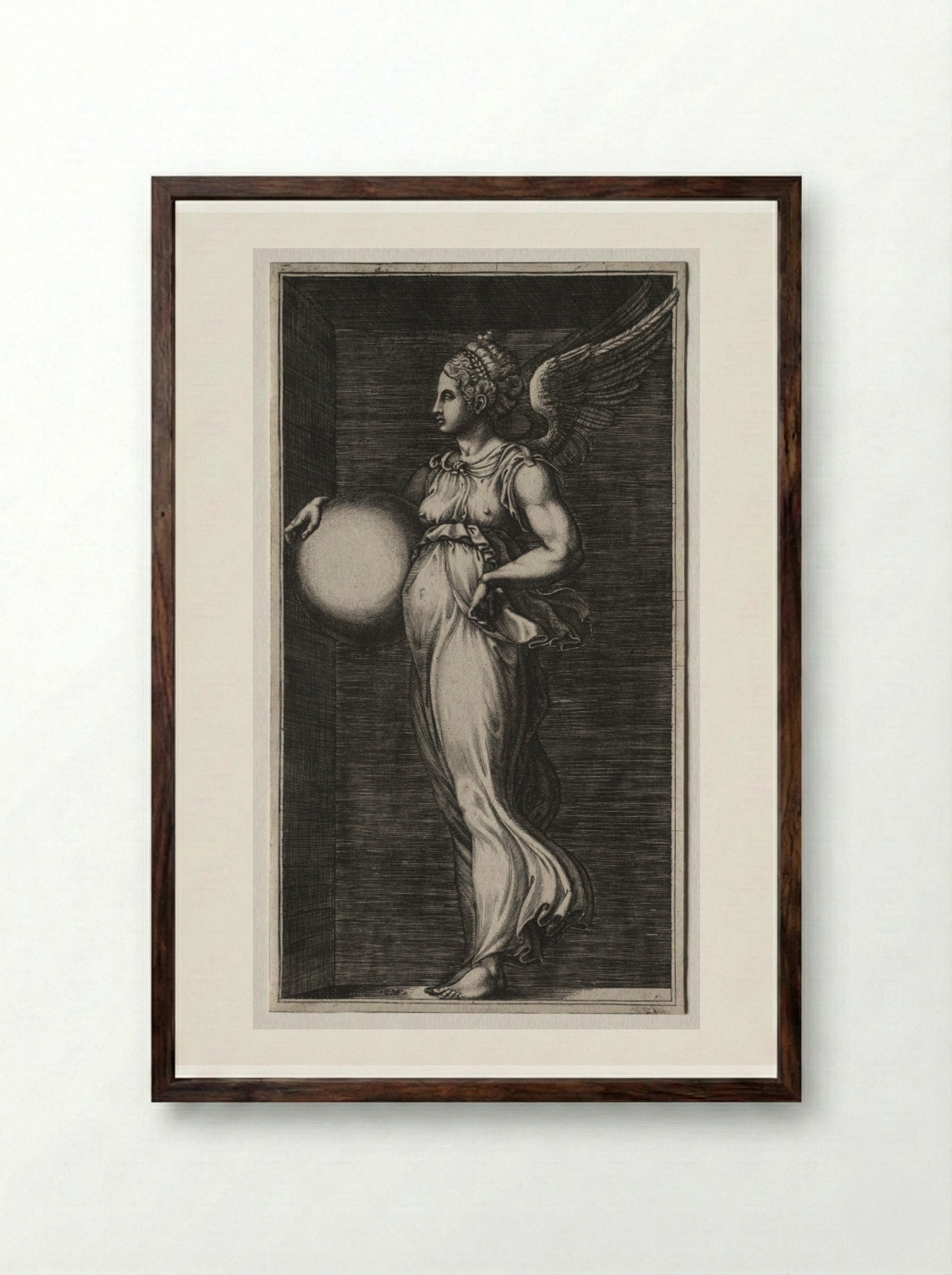 Allegorical Figure Holding a Sphere - Giorgio Ghisi - Framed Print Dark Wood