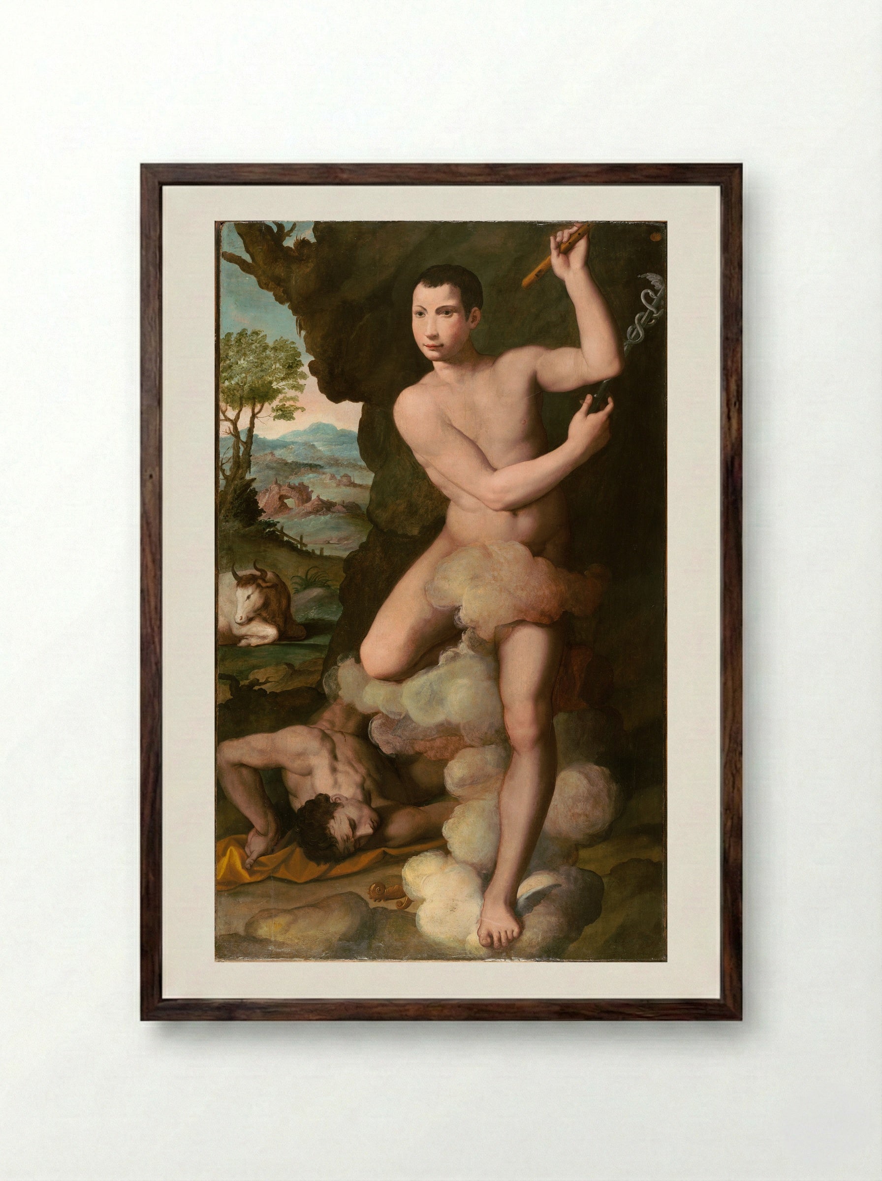 Allegorical Portrait of a Young Man in the Guise of Mercury Slaying Argus - Alessandro Allori - Framed Print Dark Wood