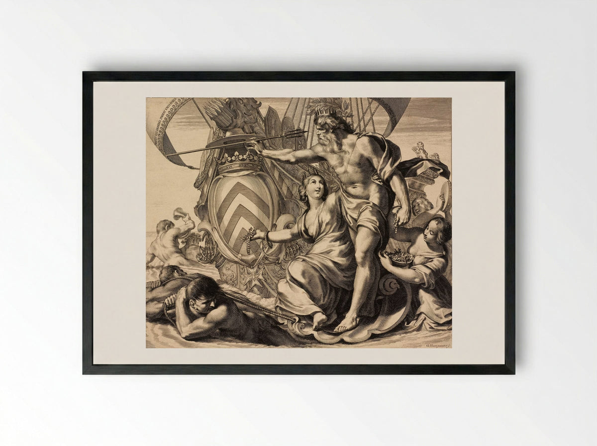 Allegorical Representation of Cardinal Richelieu with Apollo and Neptune - Grégoire Huret - Framed Print Black