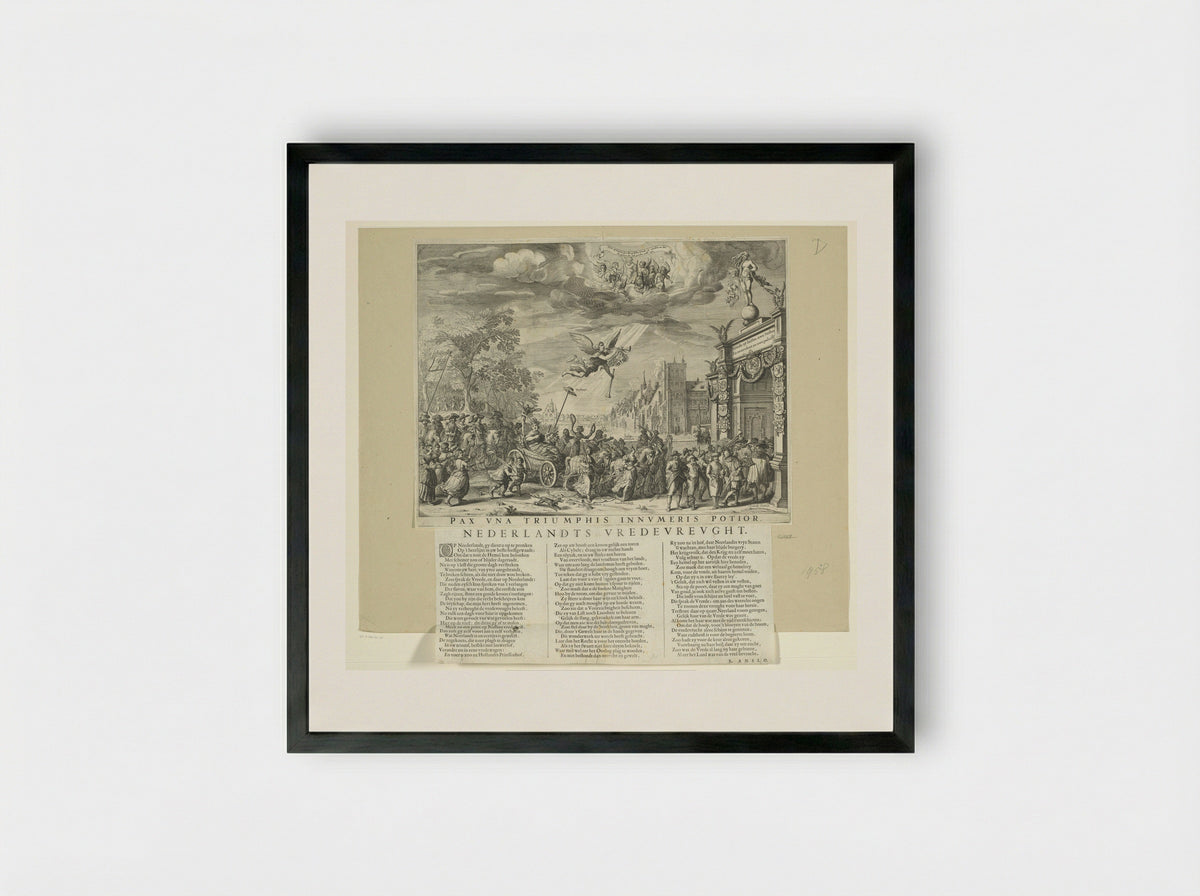 Allegorie op de Vrede van Munster met tekstblad - Salomon Savery - Framed Print Black