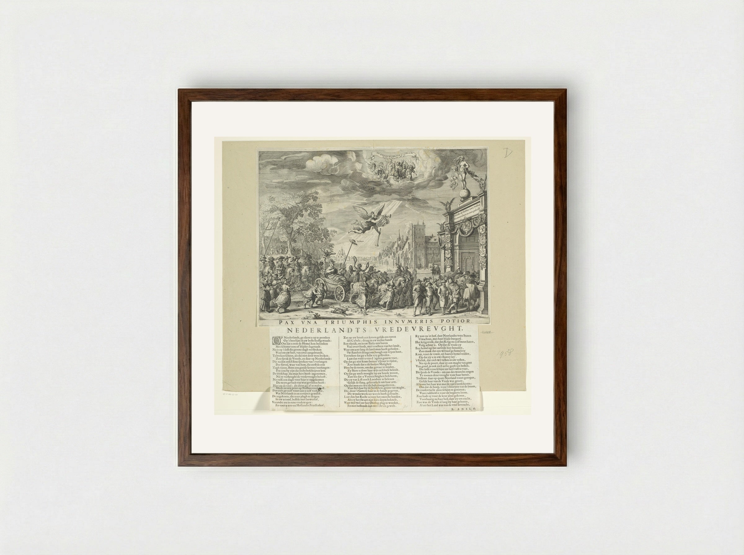 Allegorie op de Vrede van Munster met tekstblad - Salomon Savery - Framed Print Dark Wood