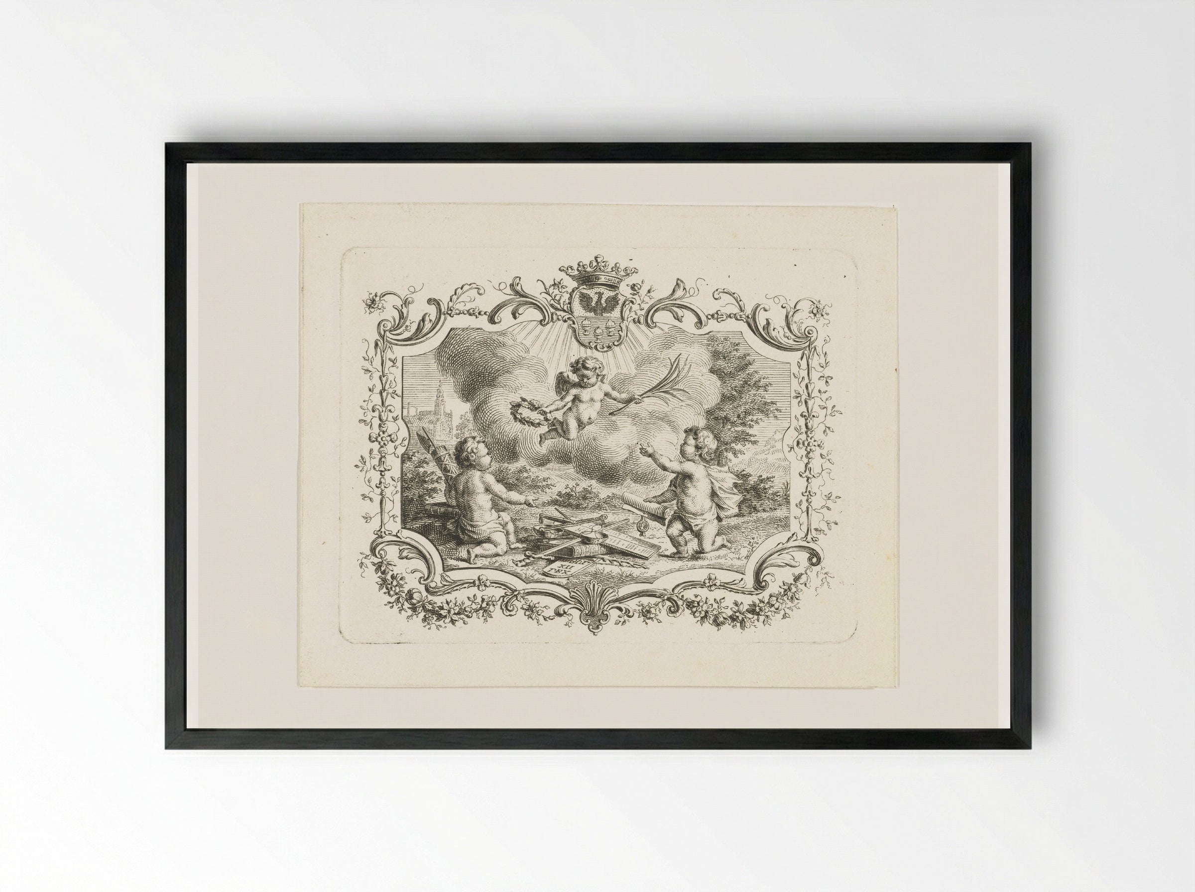 Allegorie op vrede met drie putti in cartouche - Abraham Delfos - Framed Print Black
